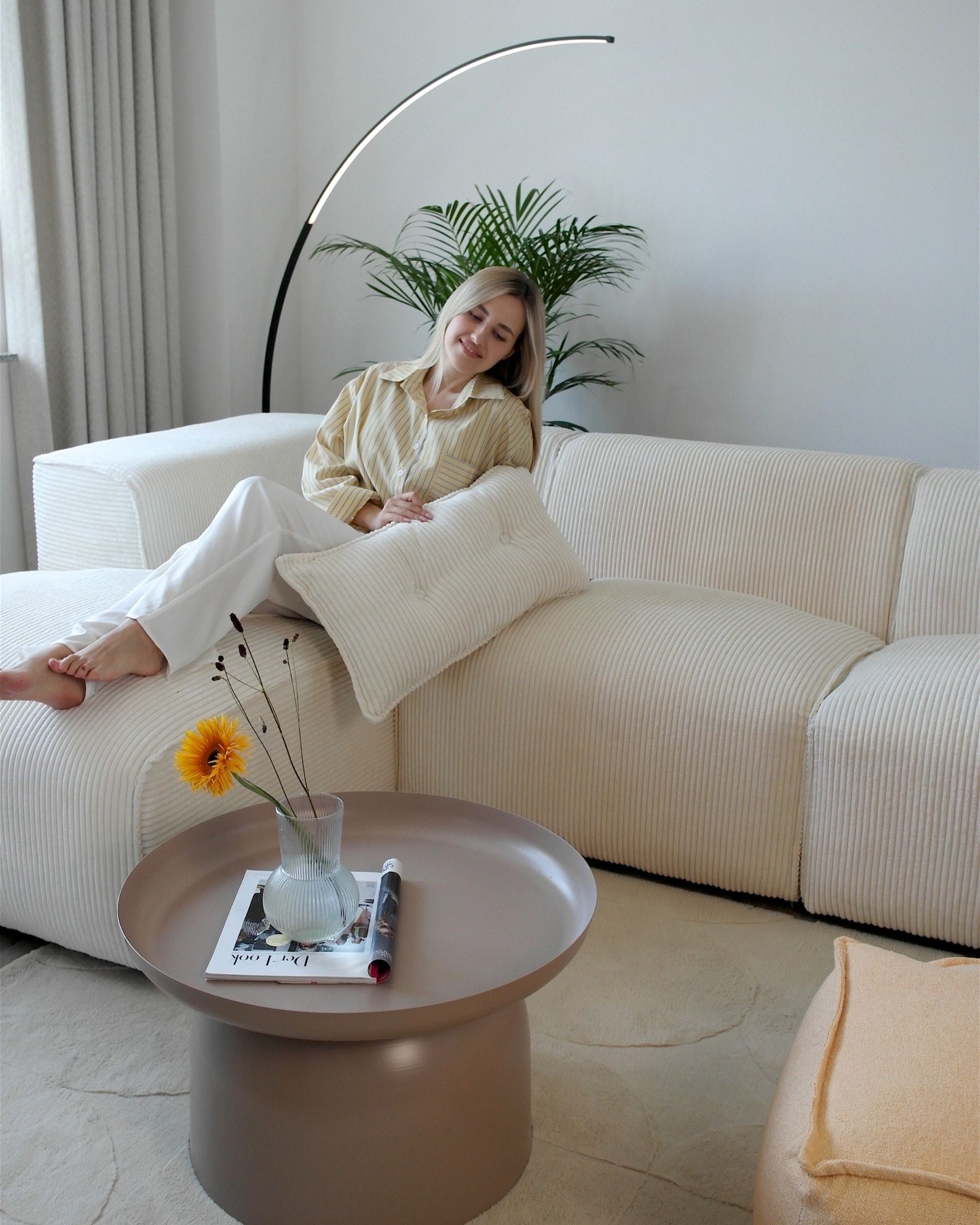 Corner Sofa DOLVA Corduroy Off-White 3 Seater Right Hand