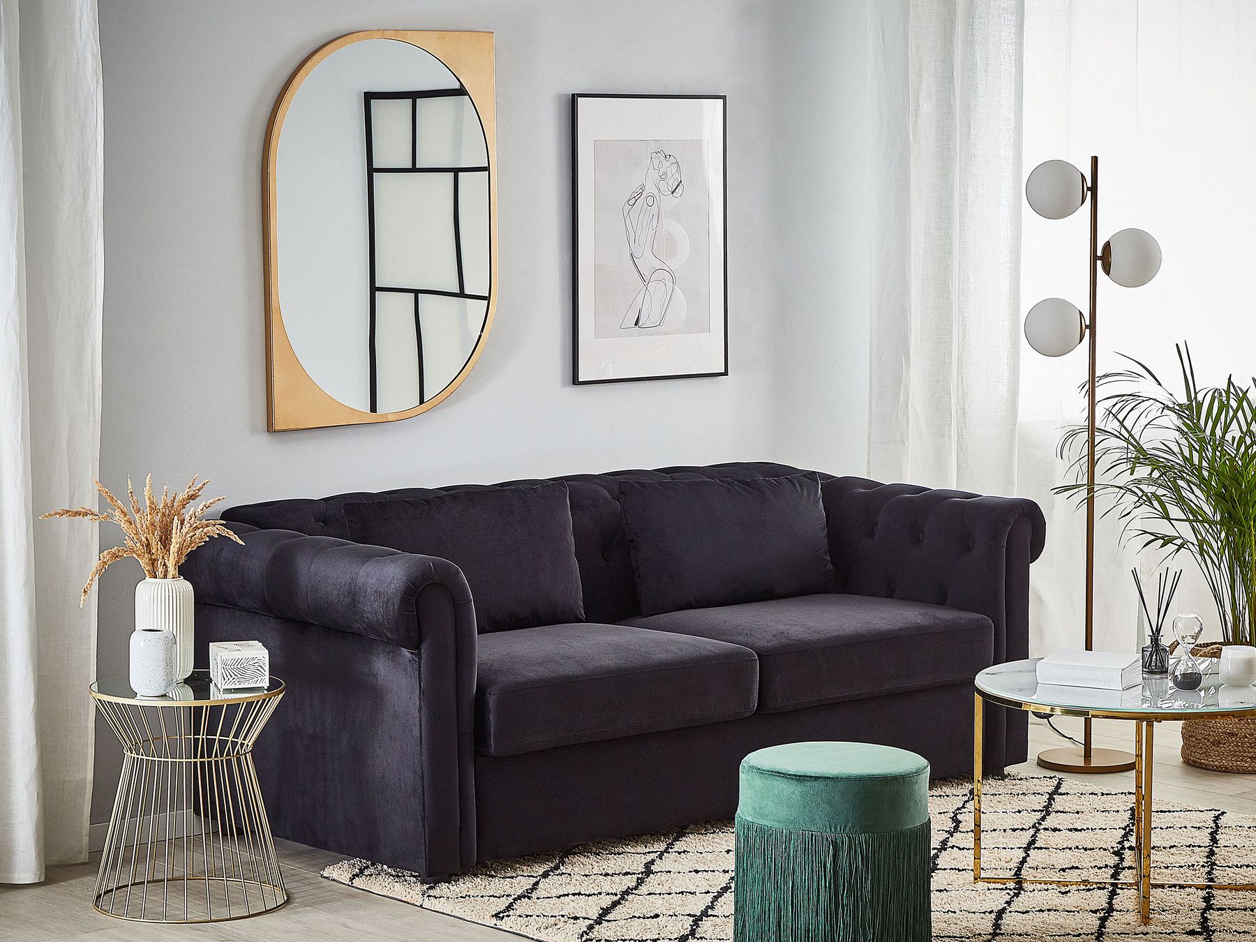 Sofa Bed CHESTERFIELD Velvet Black 3 Seater