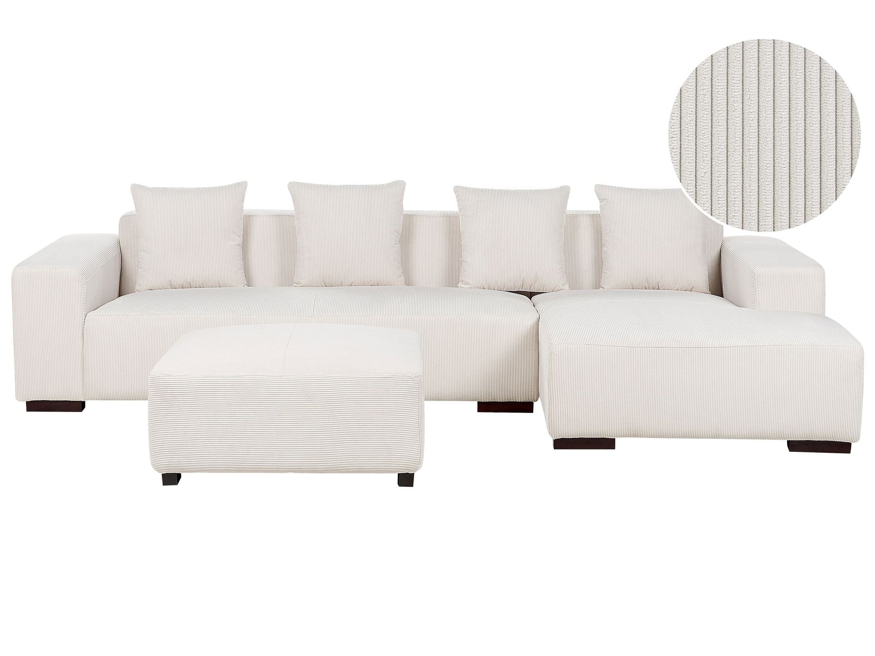 Corner Sofa LUNGO Corduroy Off-White with Ottoman 4 Seater Left Hand