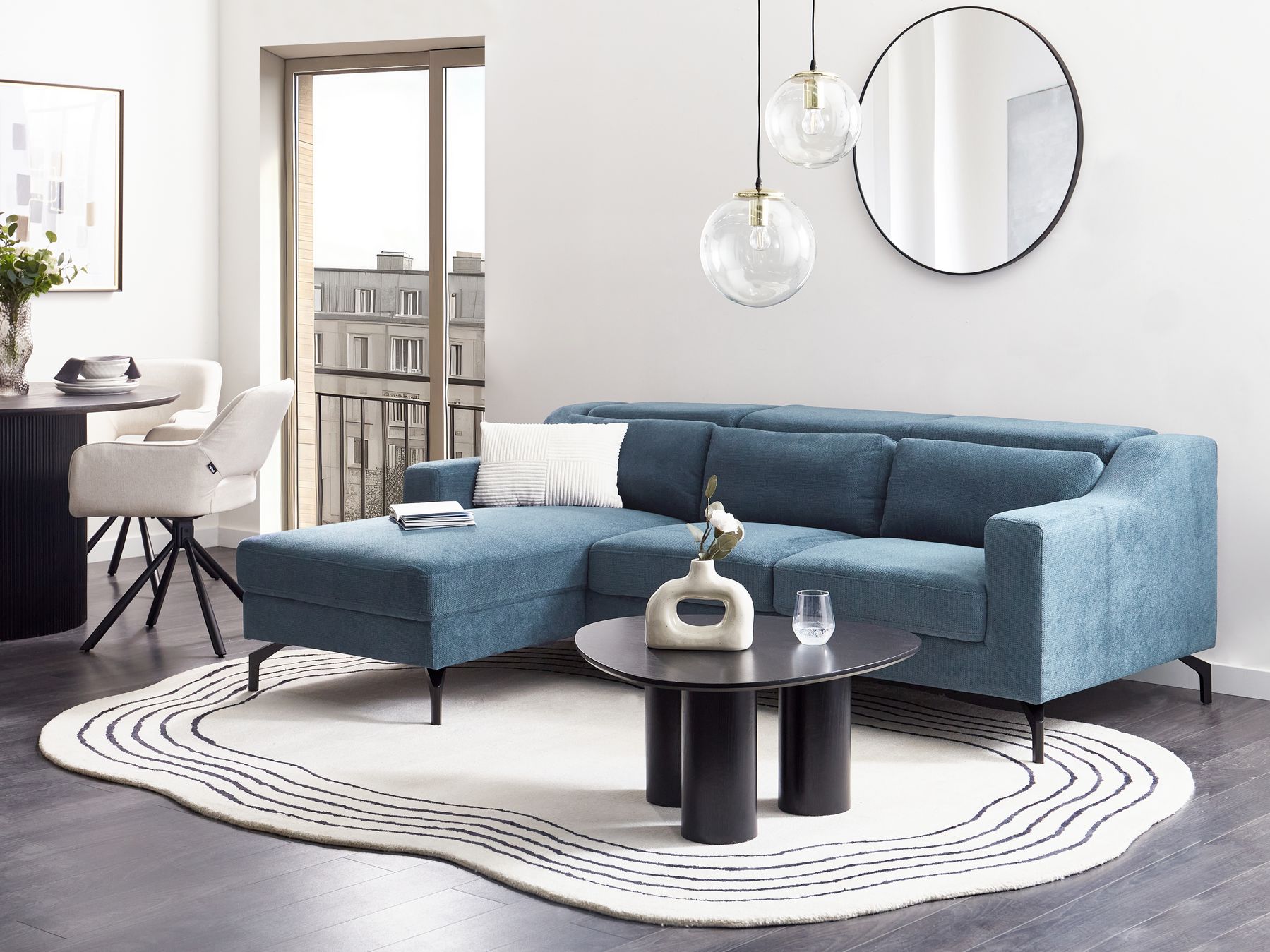 Right Hand Fabric Corner Sofa Blue GLOSLI