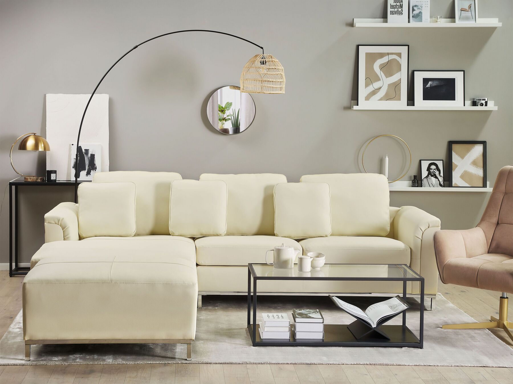 Corner Sofa OSLO Leather Light Beige with Ottoman 5 Seater Right Hand