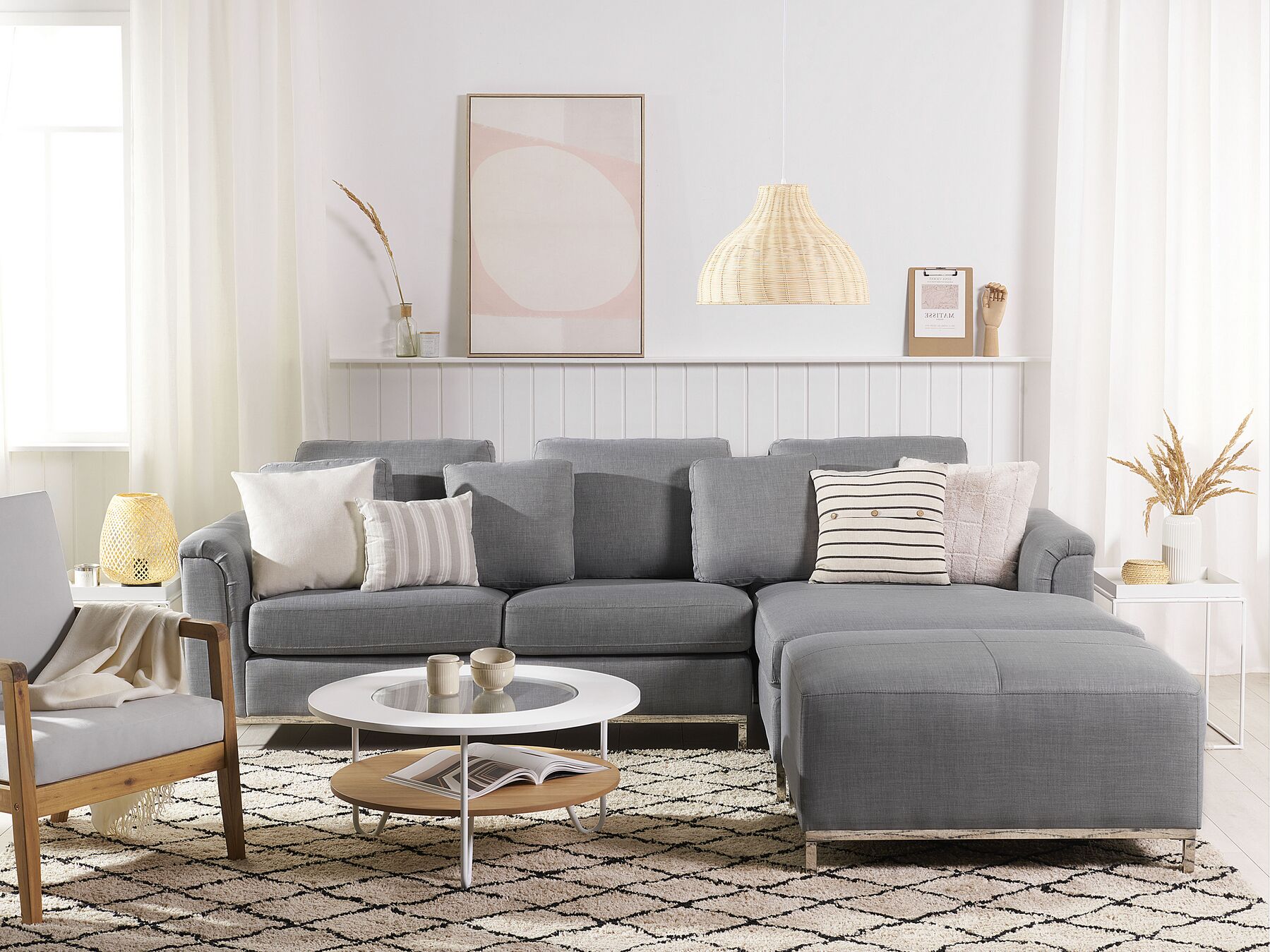 Corner Sofa OSLO Fabric Light Grey with Ottoman 5 Seater Left Hand