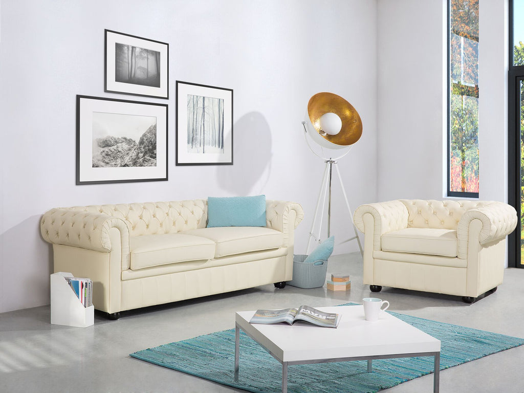 3 Seater Leather Sofa Cream CHESTERFIELD