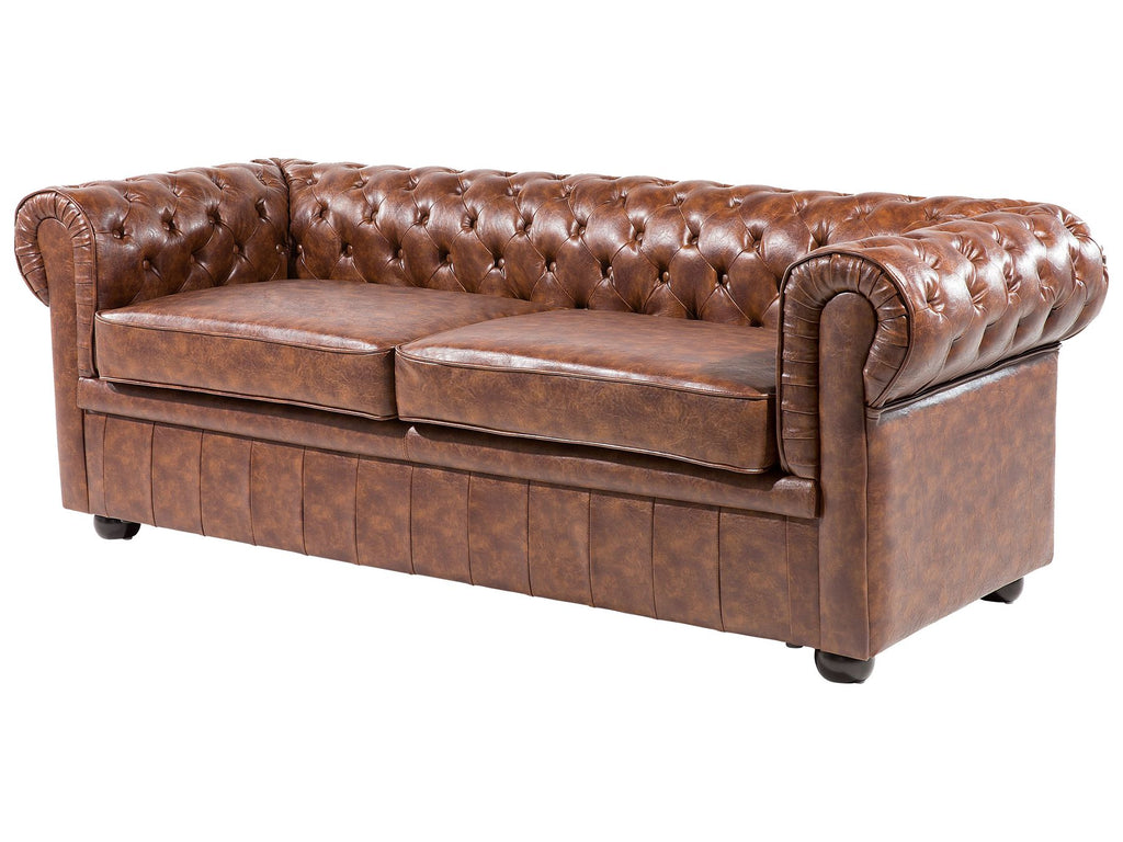 3 Seater Sofa Faux Leather Golden Brown CHESTERFIELD
