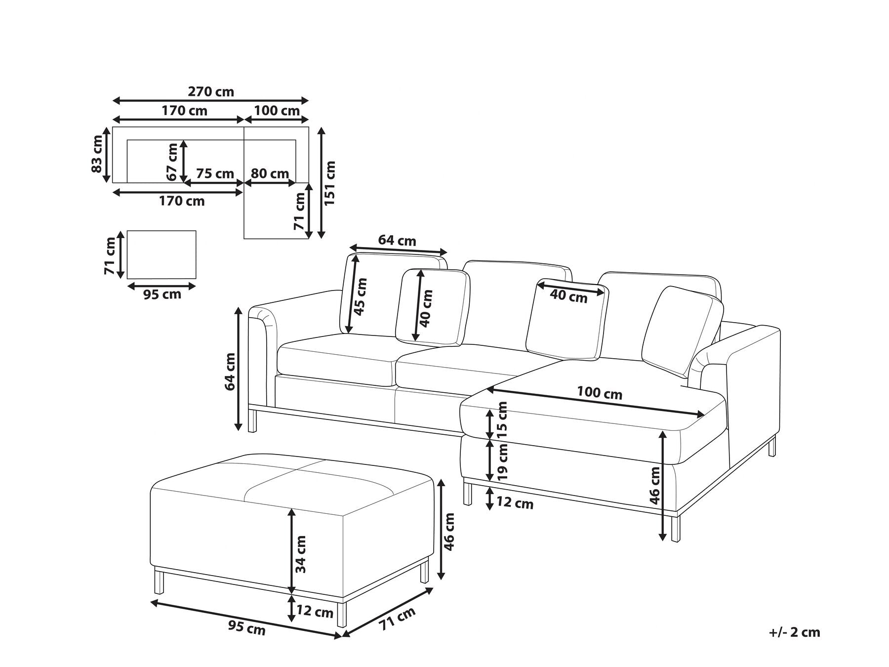 Corner Sofa OSLO Leather Brown with Ottoman 5 Seater Left Hand