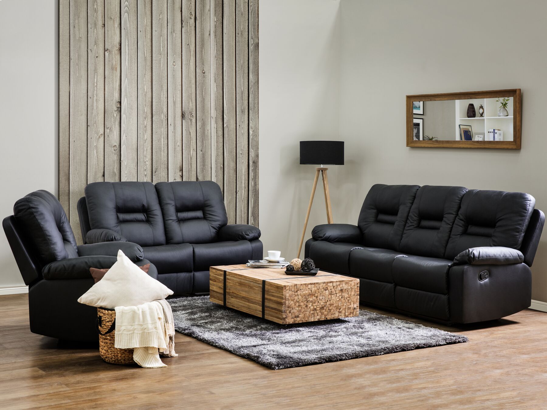 3 Seater Faux Leather Manual Recliner Sofa Black BERGEN