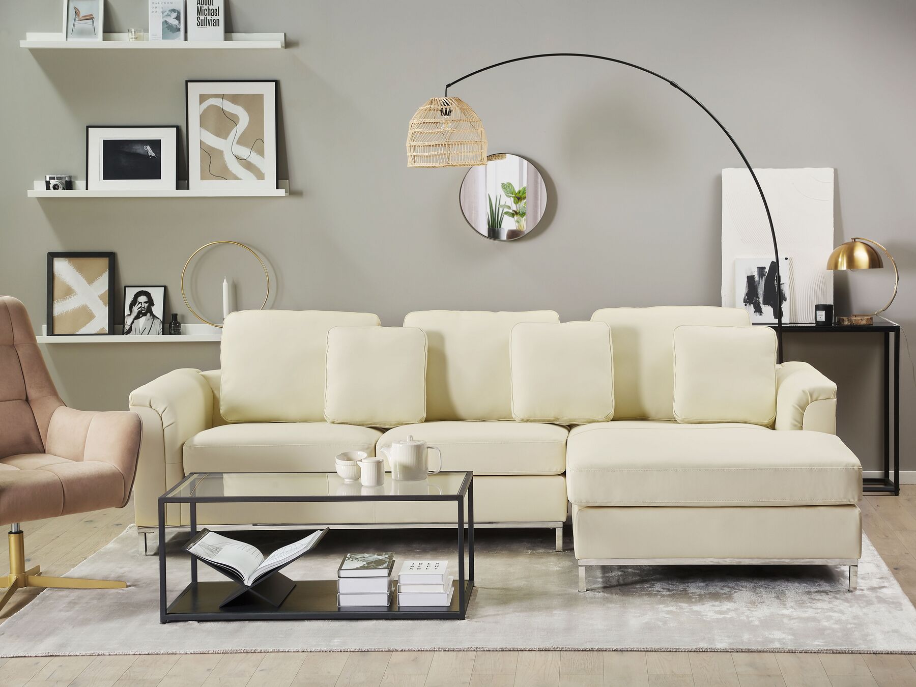 Corner Sofa OSLO Leather Cream 4 Seater Left Hand
