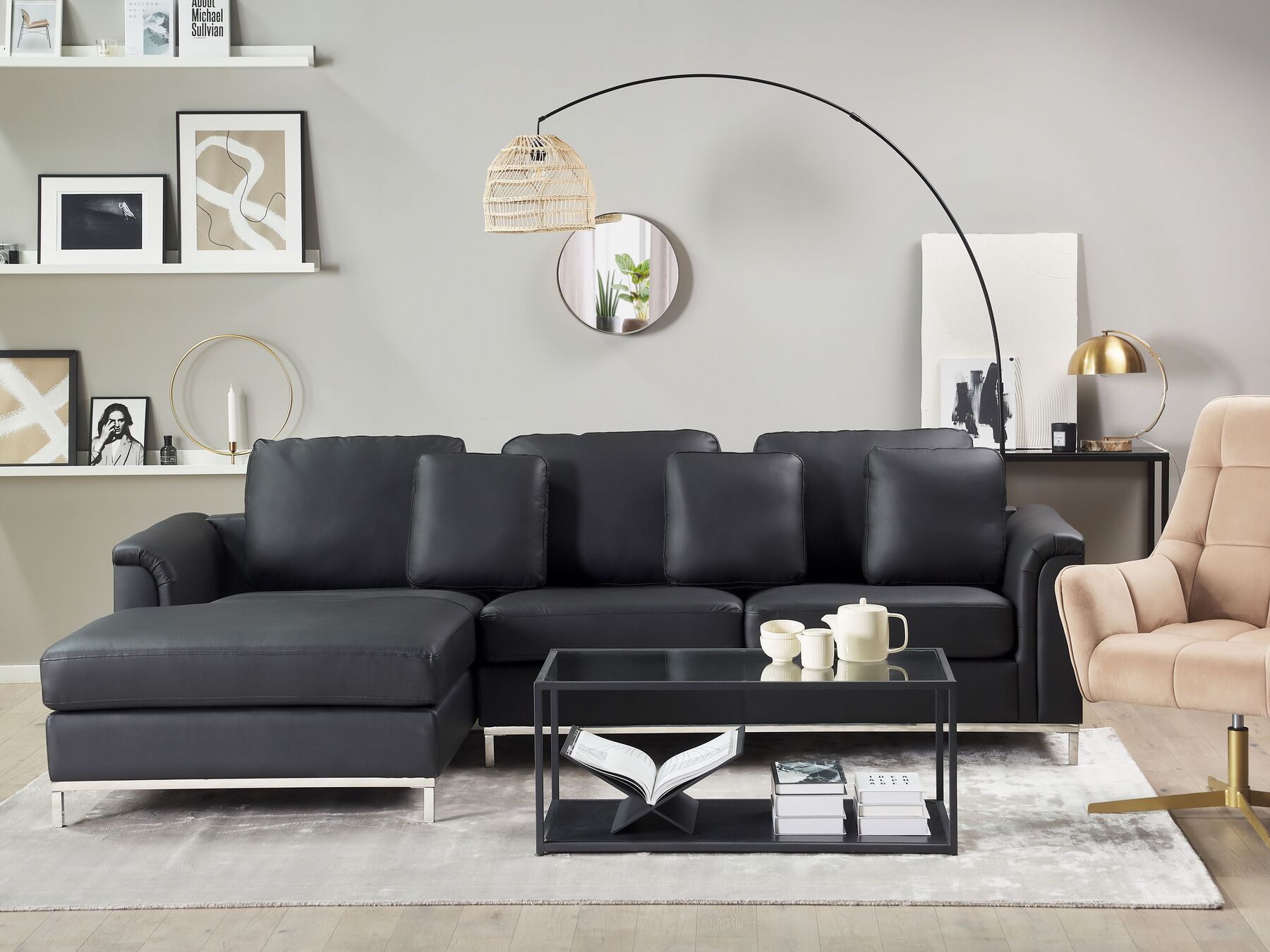 Corner Sofa OSLO Leather Black 4 Seater Right Hand