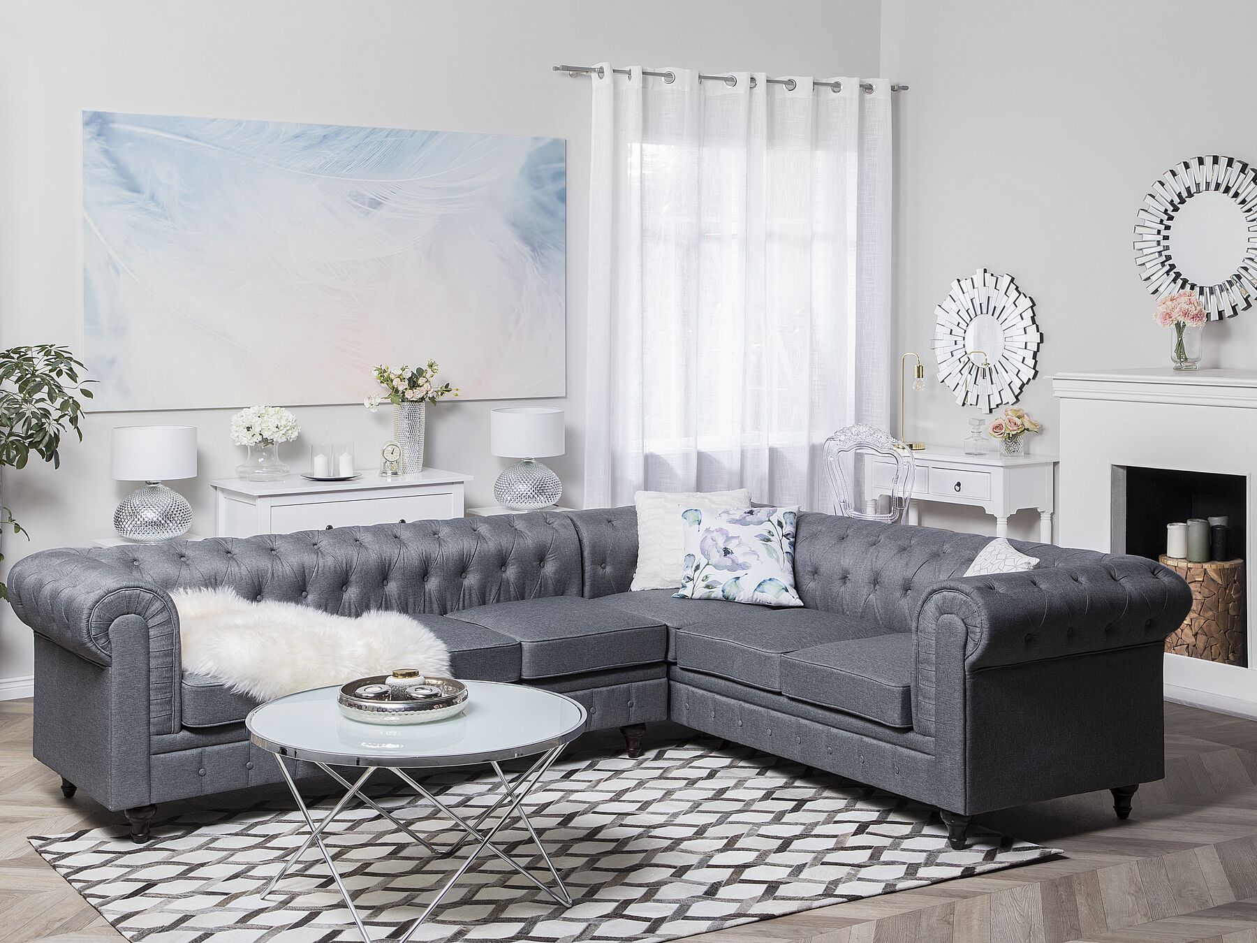 Corner Sofa CHESTERFIELD Fabric Grey 6 Seater Left Hand