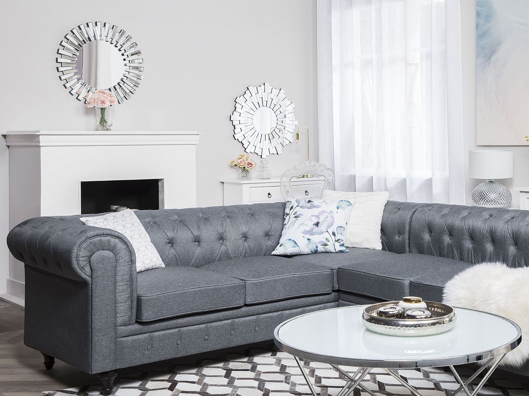 Corner Sofa CHESTERFIELD Fabric Grey 6 Seater Right Hand