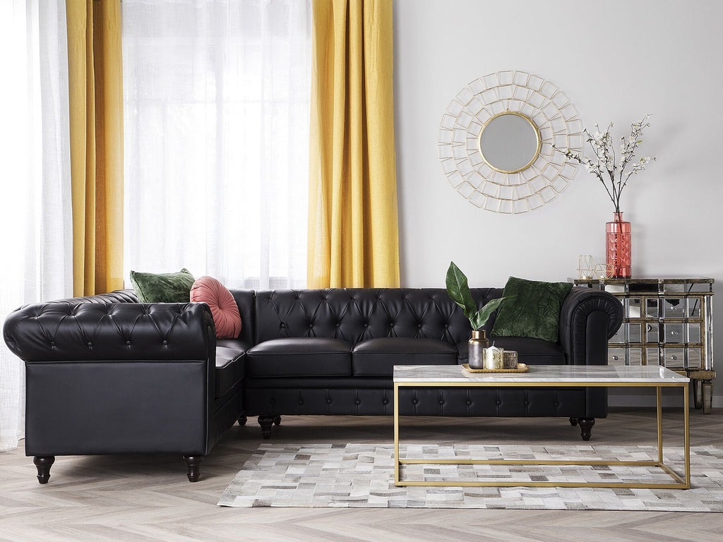 Right Hand Faux Leather Corner Sofa Black CHESTERFIELD