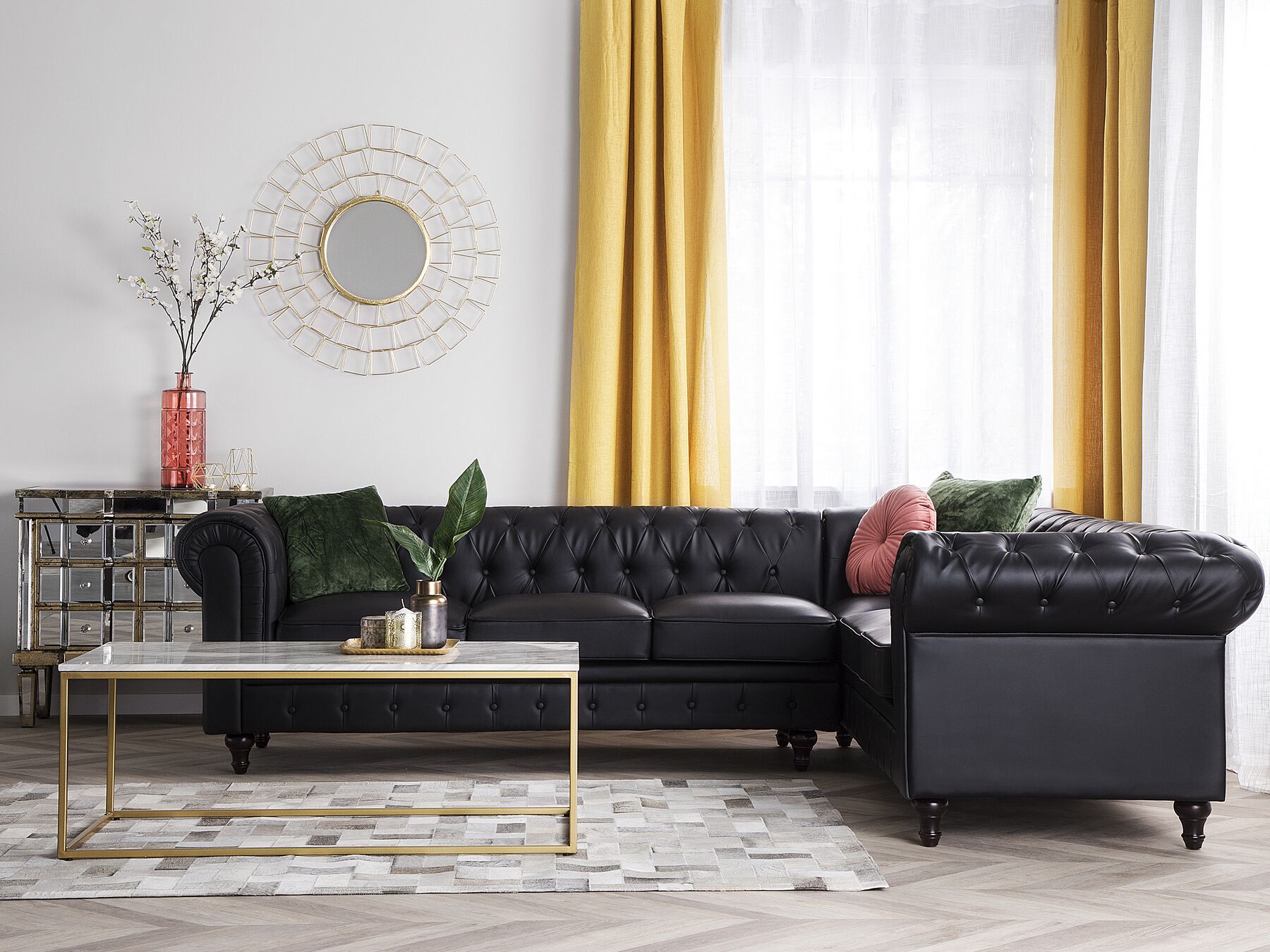 Left Hand Faux Leather Corner Sofa Black CHESTERFIELD
