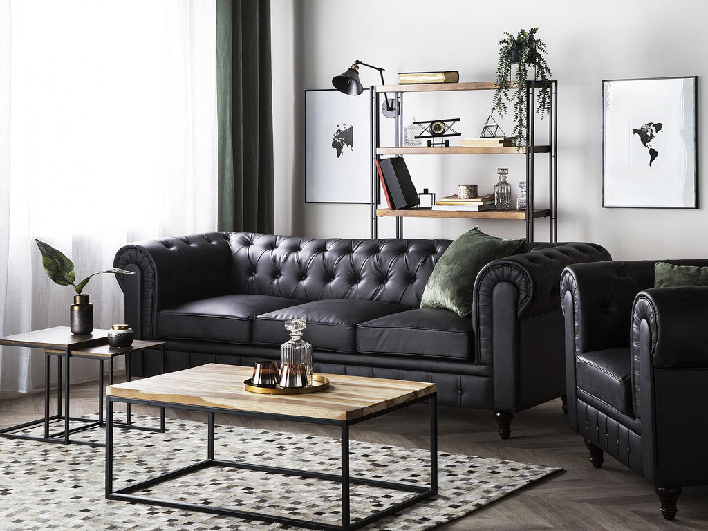 3 Seater Faux Leather Sofa Black CHESTERFIELD Big