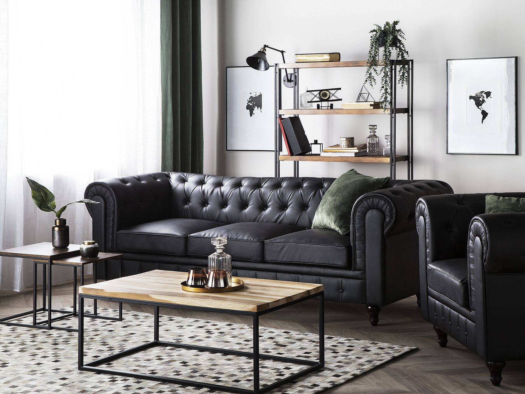 3 Seater Faux Leather Sofa Black CHESTERFIELD Big