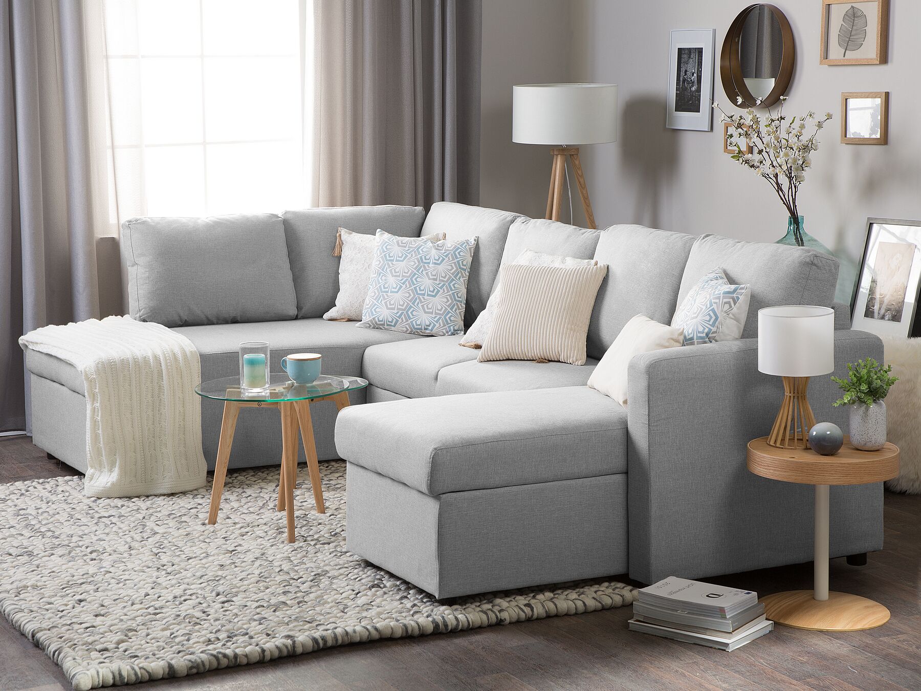 U-Shape Sofa Bed KARRABO Fabric Light Grey with Storage 4 Seater