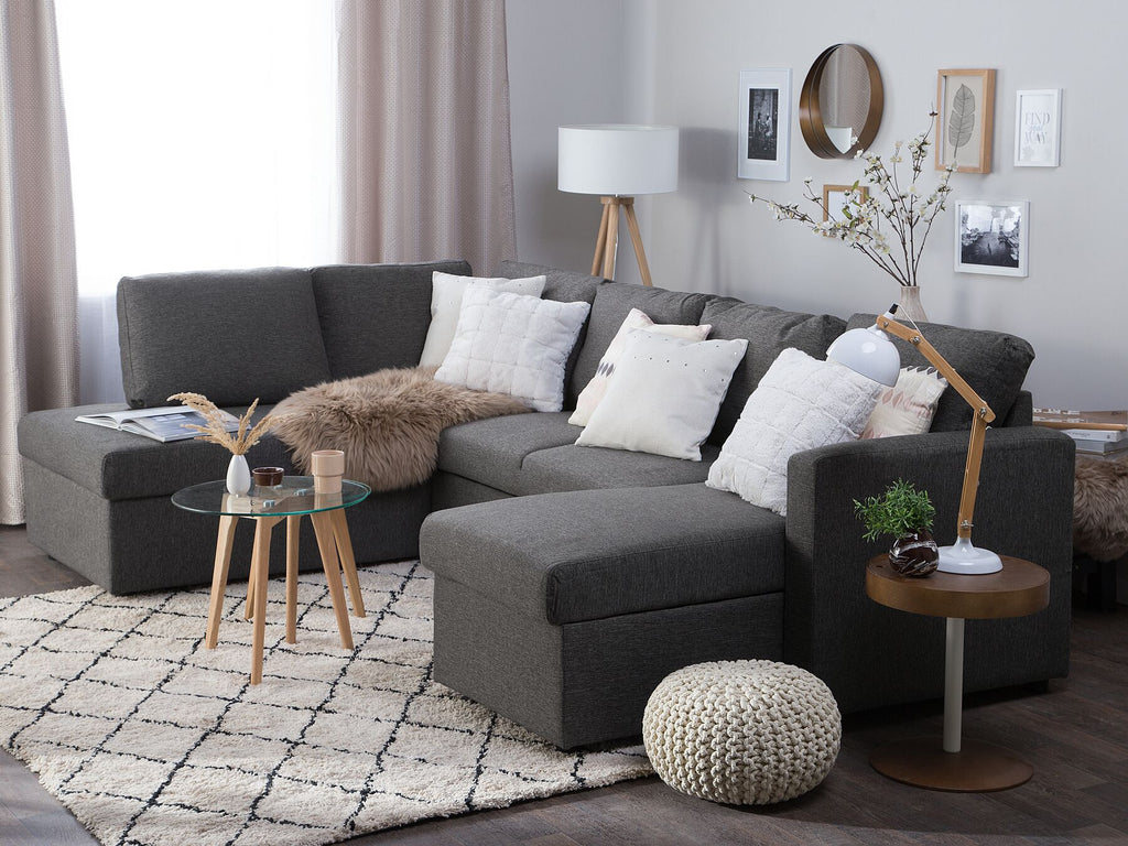 U-Shape Sofa Bed KARRABO Fabric Dark Grey with Storage 5 Seater