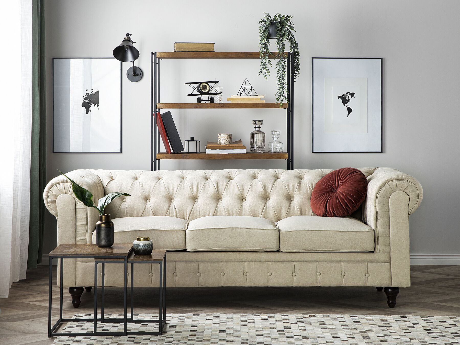 3 Seater Fabric Sofa Beige CHESTERFIELD