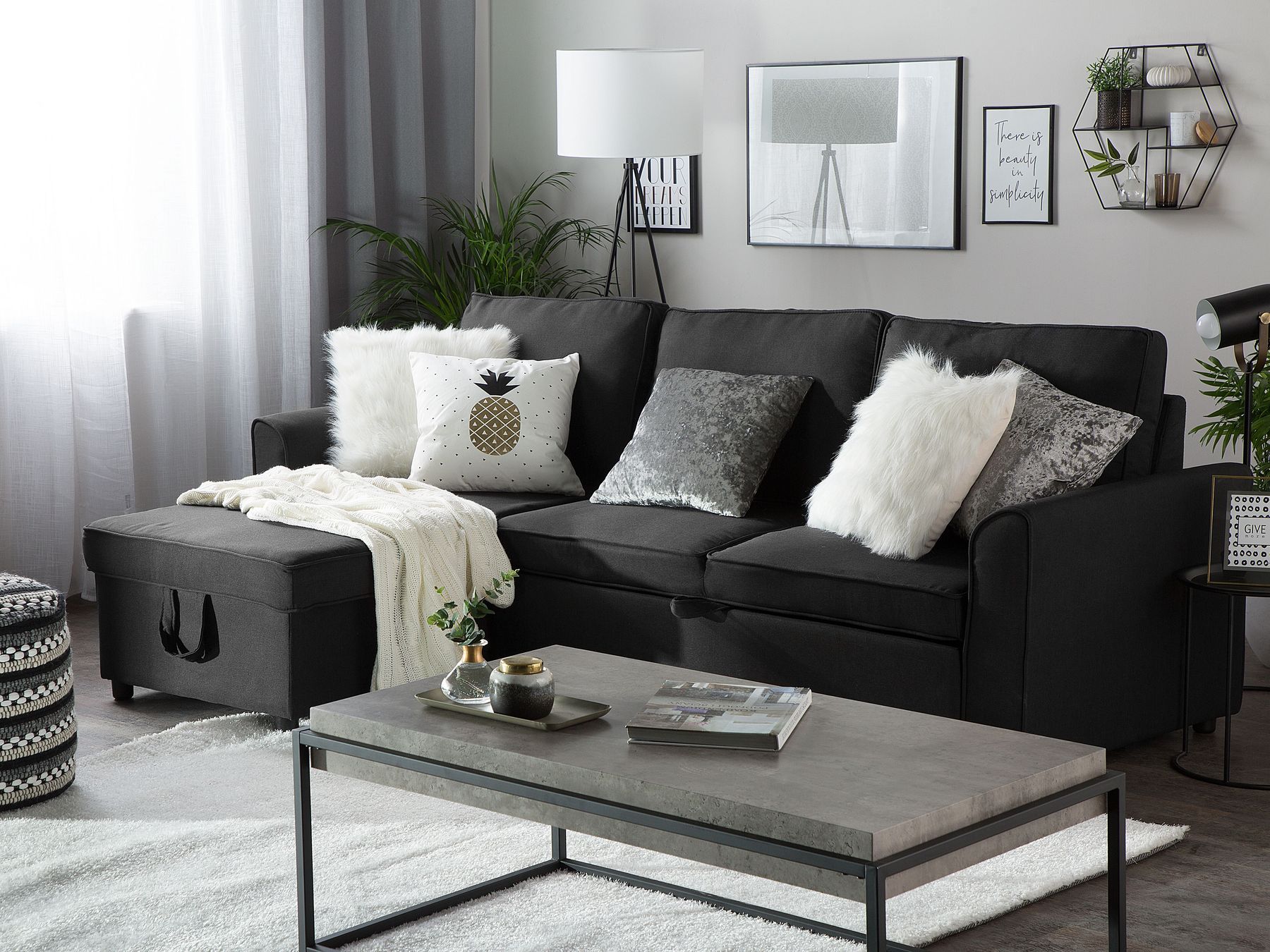 Corner Sofa Bed NESNA Fabric Black with Storage 3 Seater Right Hand