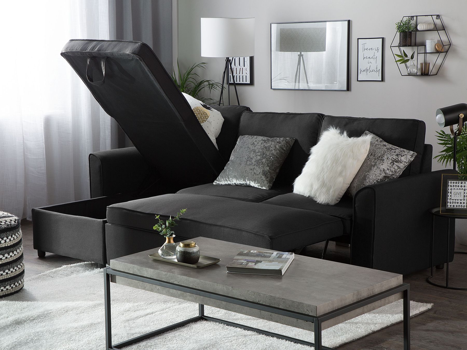 Corner Sofa Bed NESNA Fabric Black with Storage 3 Seater Right Hand