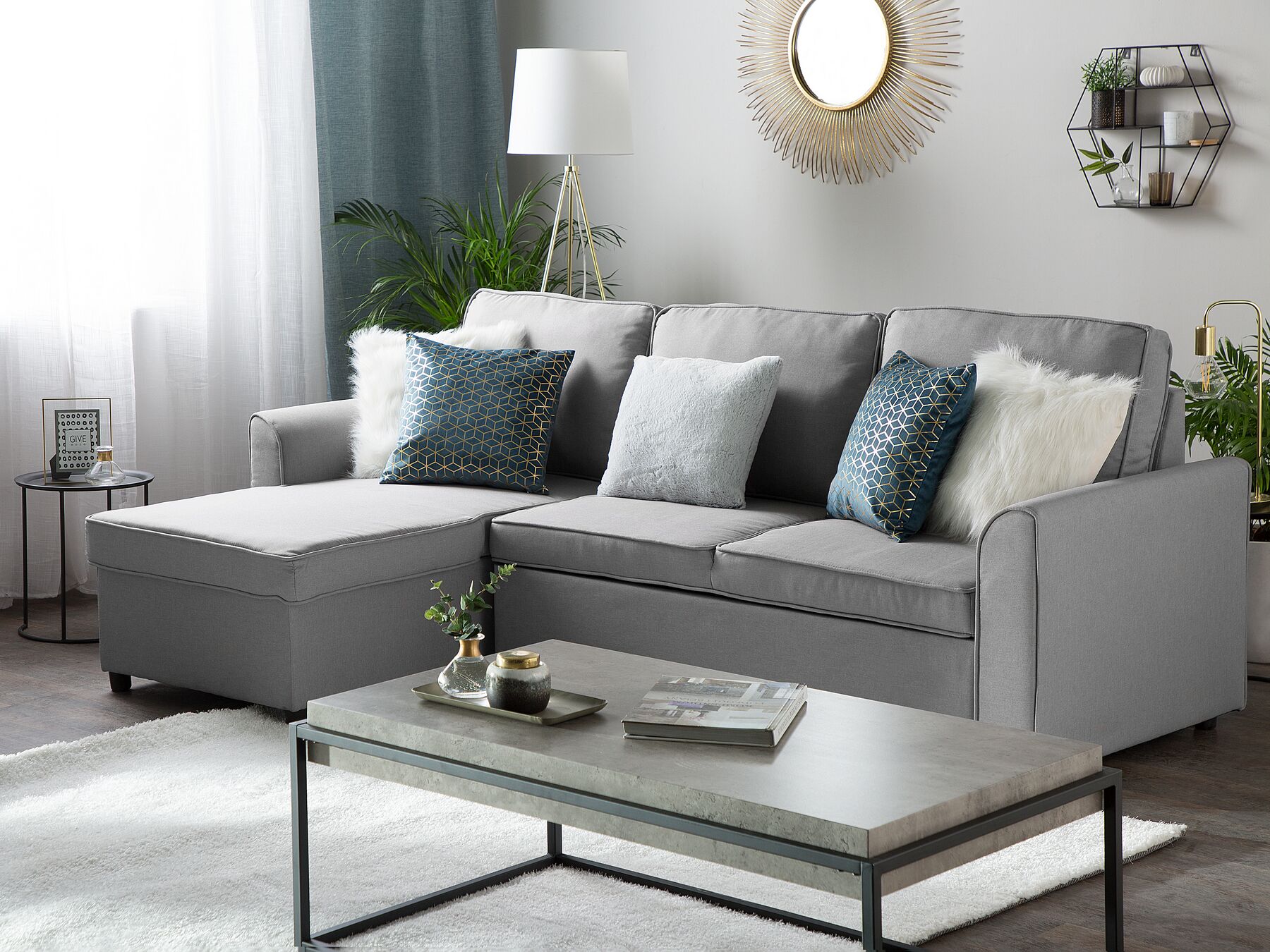 Corner Sofa Bed NESNA Fabric Light Grey with Storage 3 Seater Right Hand