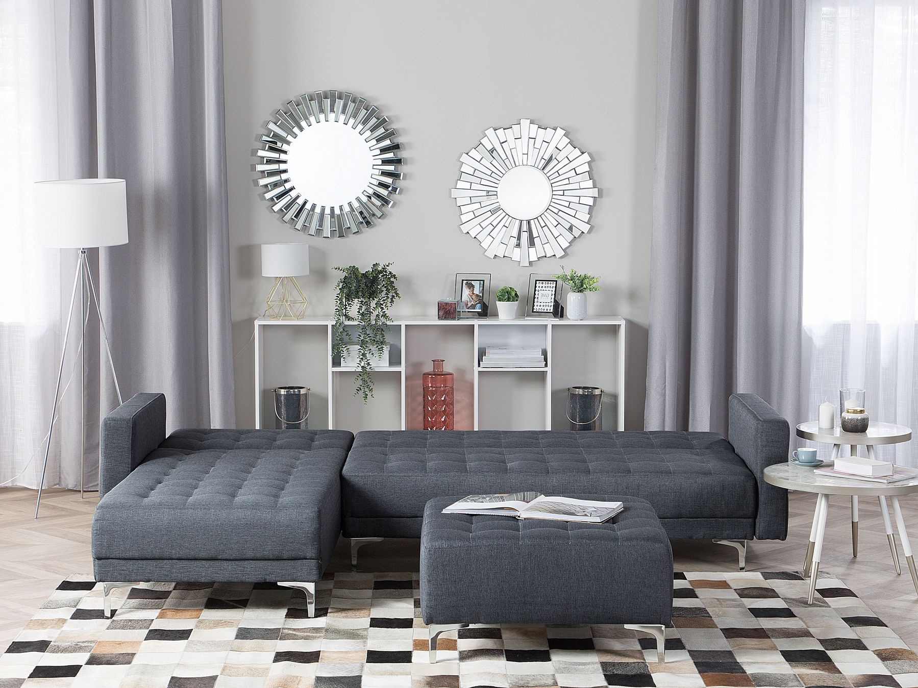 Modular Corner Sofa Bed ABERDEEN Fabric Dark Grey with Ottoman 4 Seater Right Hand