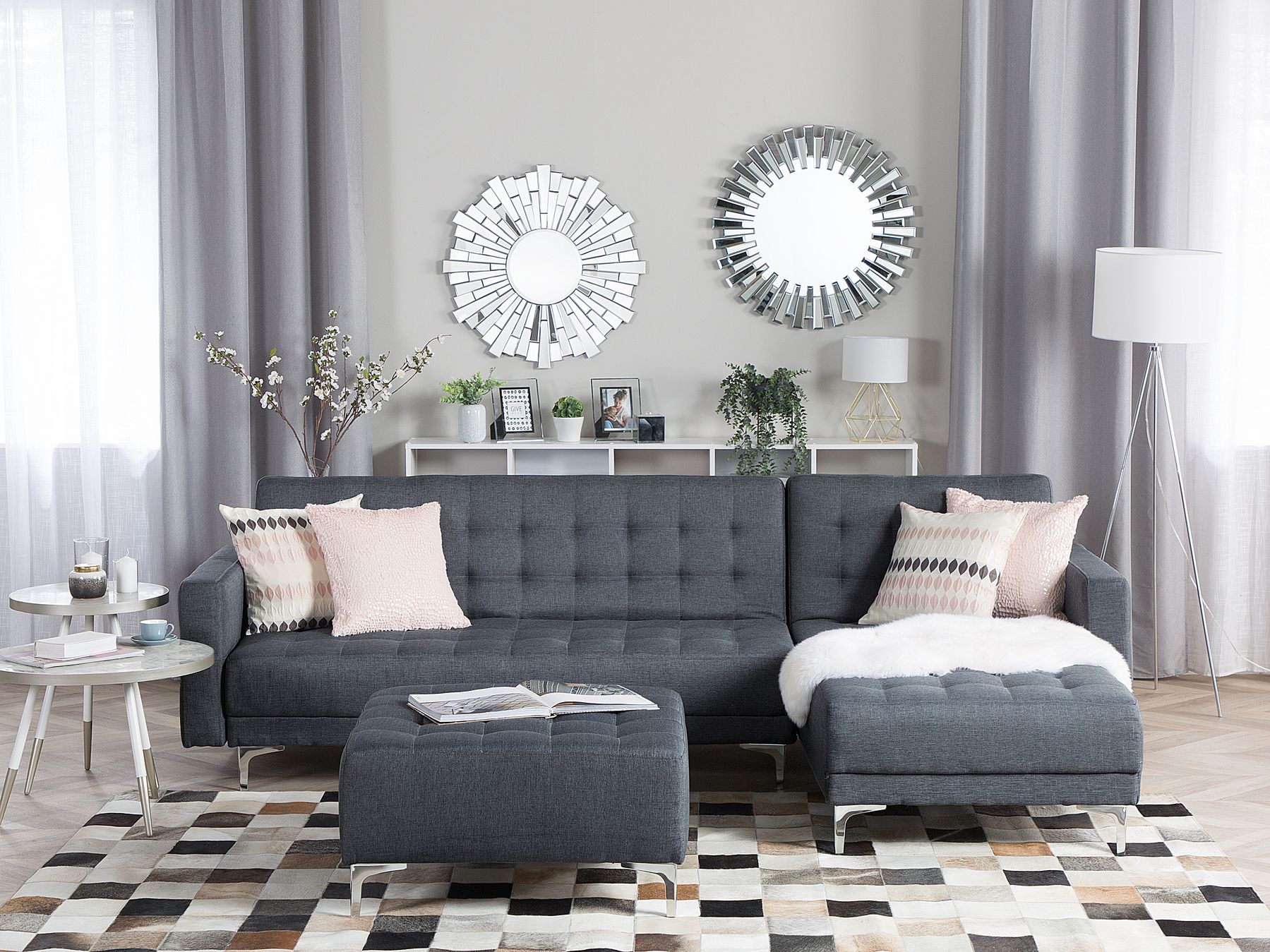 Modular Corner Sofa Bed ABERDEEN Fabric Dark Grey with Ottoman 4 Seater Left Hand