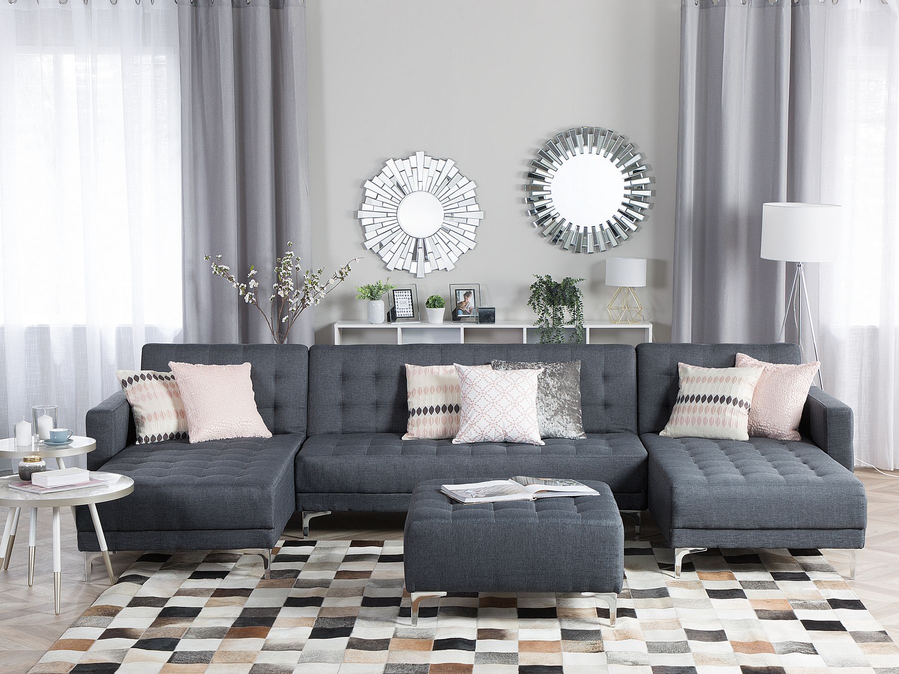 Modular U-Shape Sofa Bed ABERDEEN Fabric Dark Grey 5 Seater