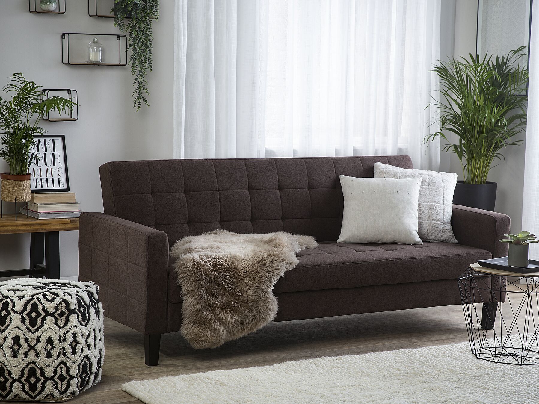 Sofa Bed VEHKOO Fabric Dark Brown 3 Seater