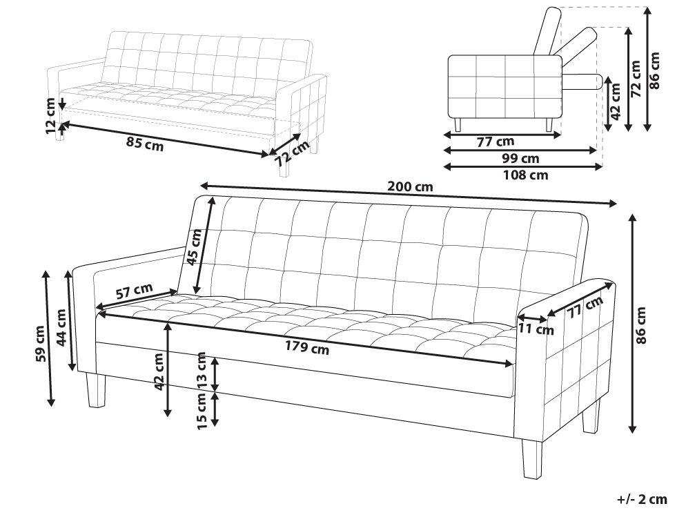 Sofa Bed VEHKOO Fabric Dark Grey 3 Seater