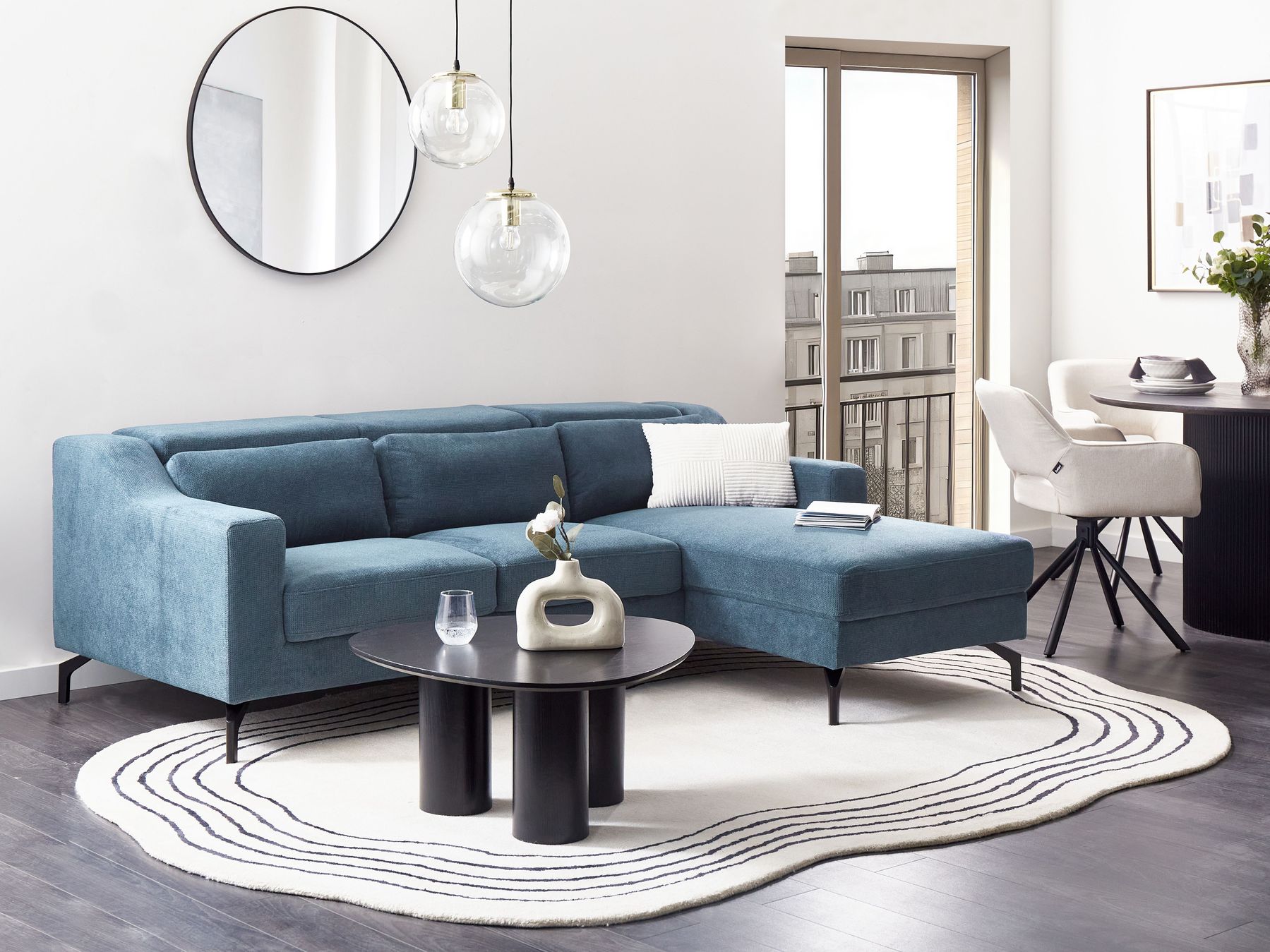 Left Hand Fabric Corner Sofa Navy Blue GLOSLI