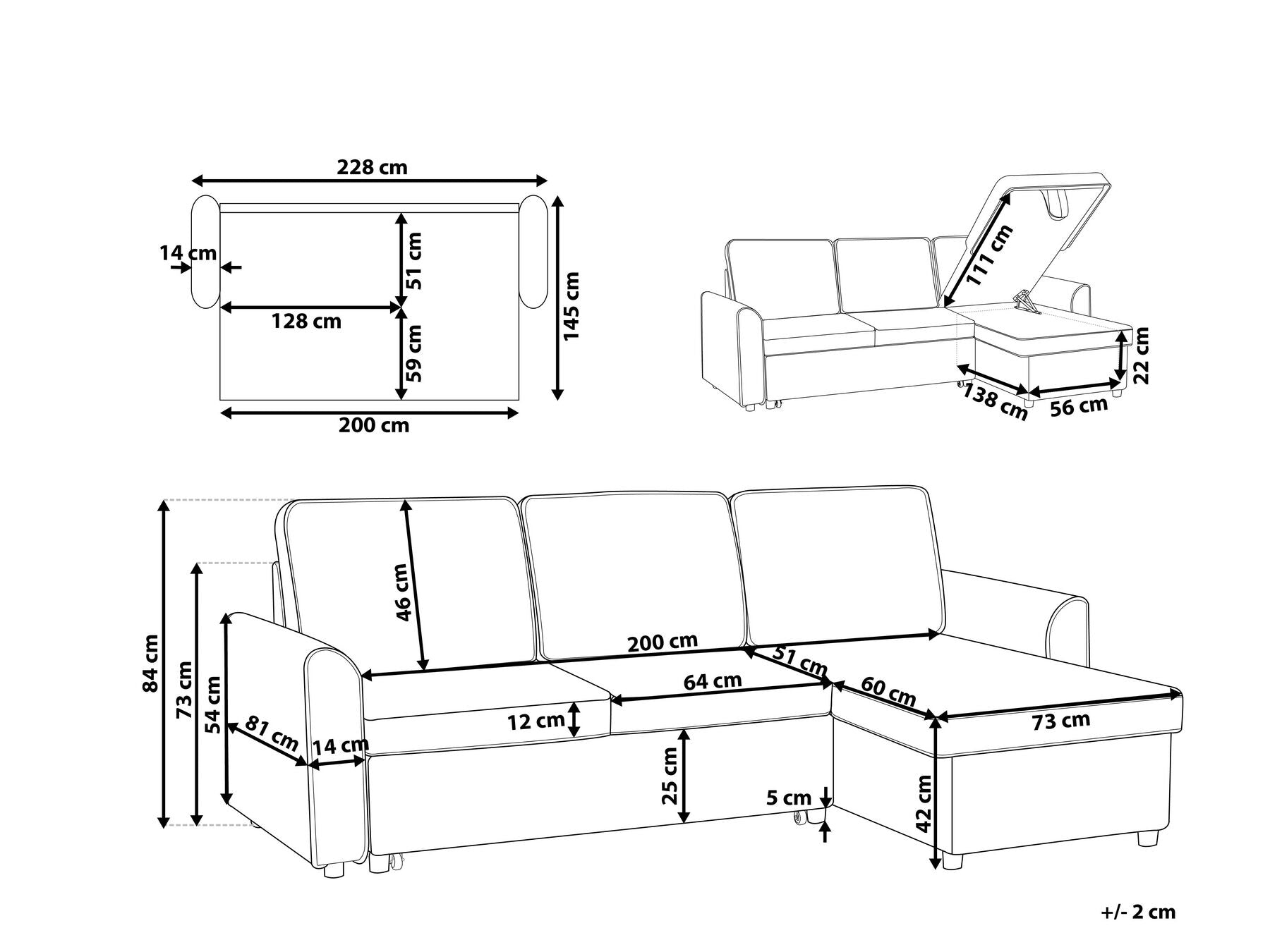 Corner Sofa Bed NESNA Fabric Black with Storage 3 Seater Left Hand