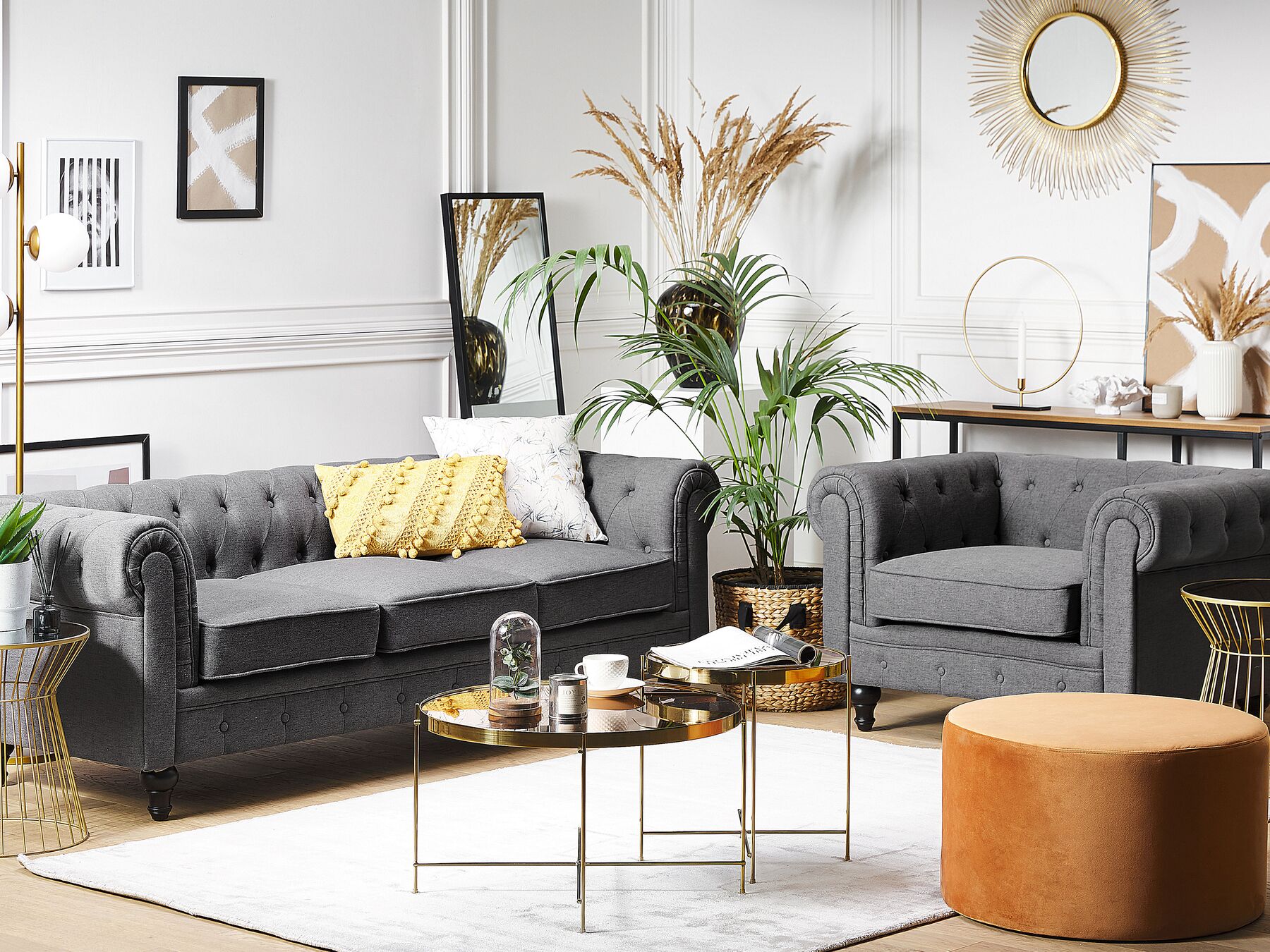 3 Seater Fabric Sofa Grey CHESTERFIELD
