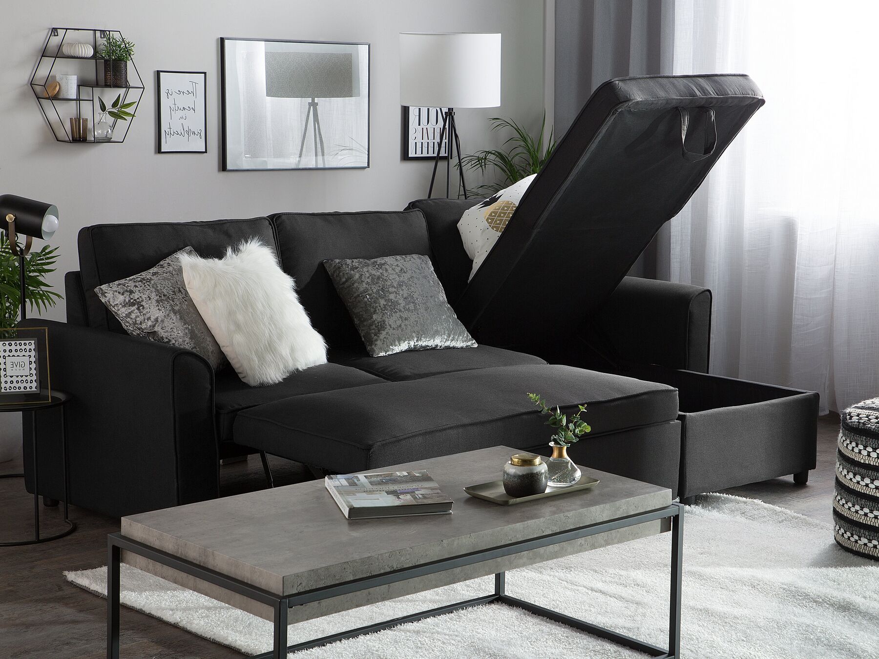 Corner Sofa Bed NESNA Fabric Black with Storage 3 Seater Left Hand