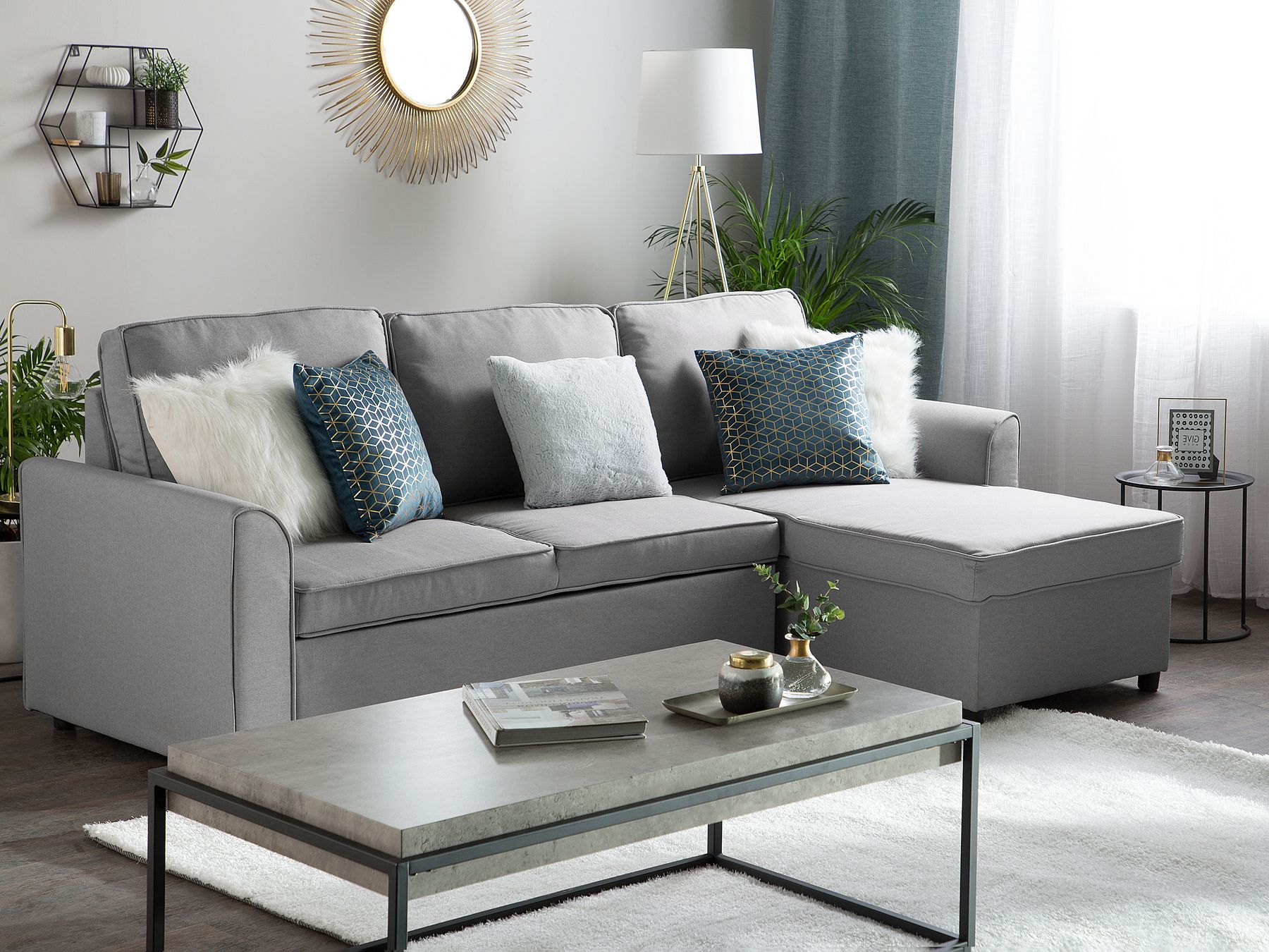 Corner Sofa Bed NESNA Fabric Light Grey with Storage 3 Seater Left Hand