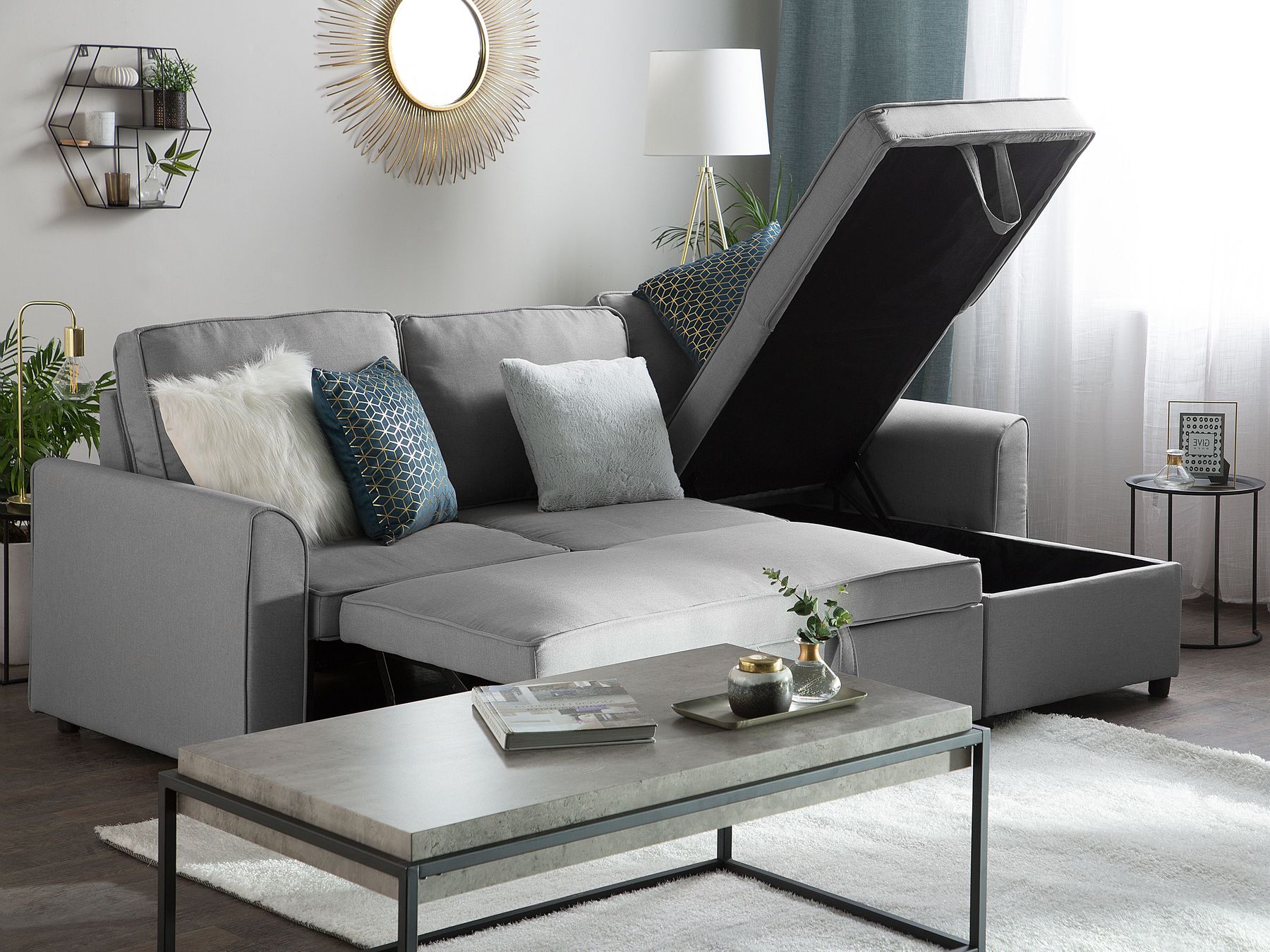 Corner Sofa Bed NESNA Fabric Light Grey with Storage 3 Seater Left Hand