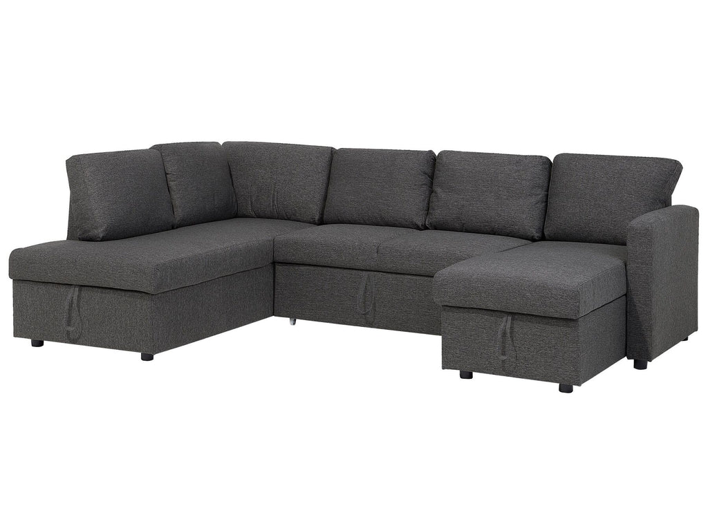 U-Shape Sofa Bed KARRABO Fabric Dark Grey with Storage 5 Seater