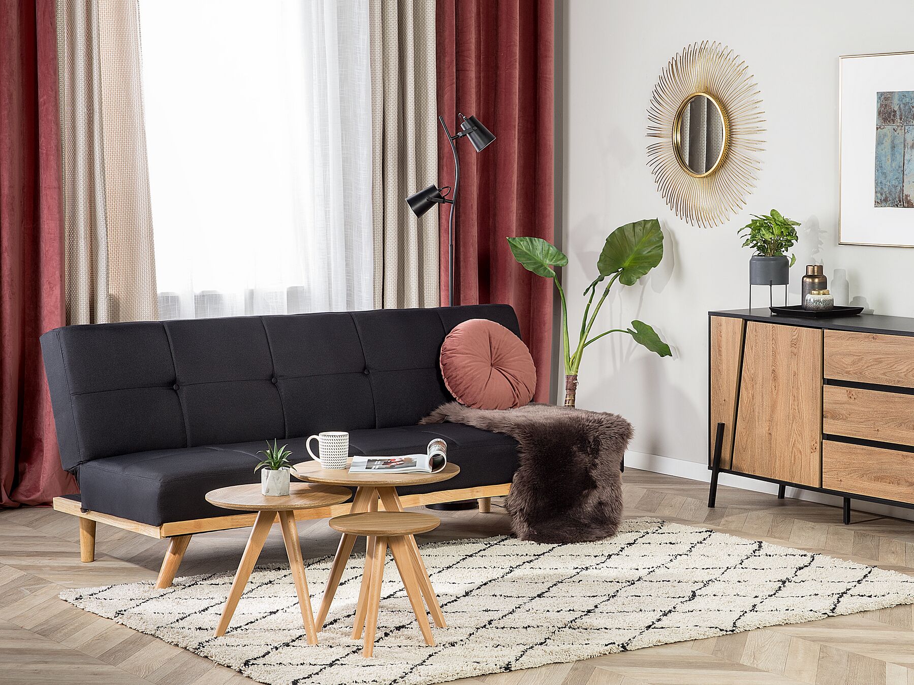 Sofa Bed FROYA Fabric Black 3 Seater