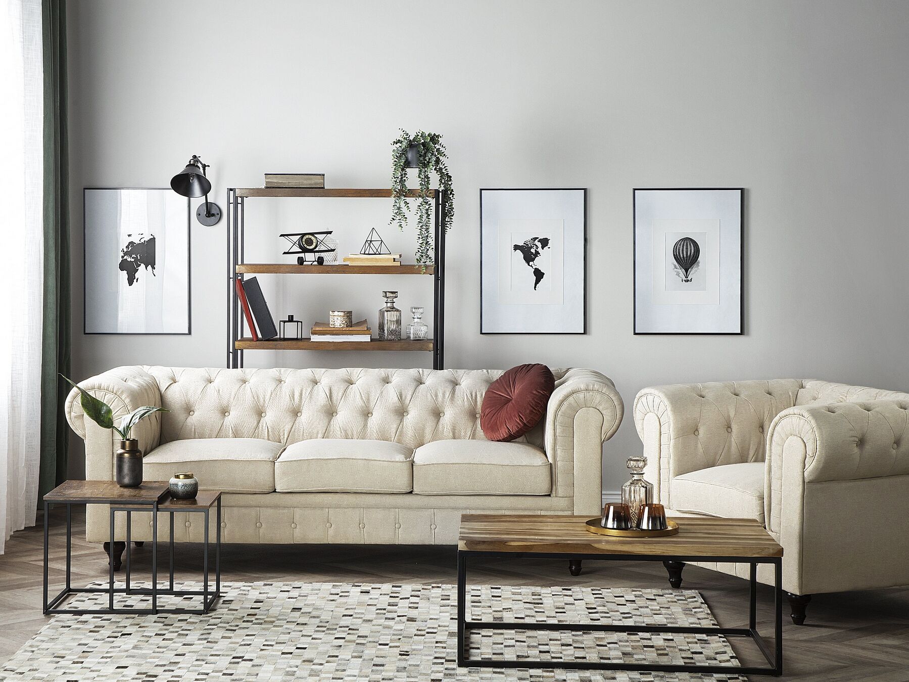 3 Seater Fabric Sofa Beige CHESTERFIELD