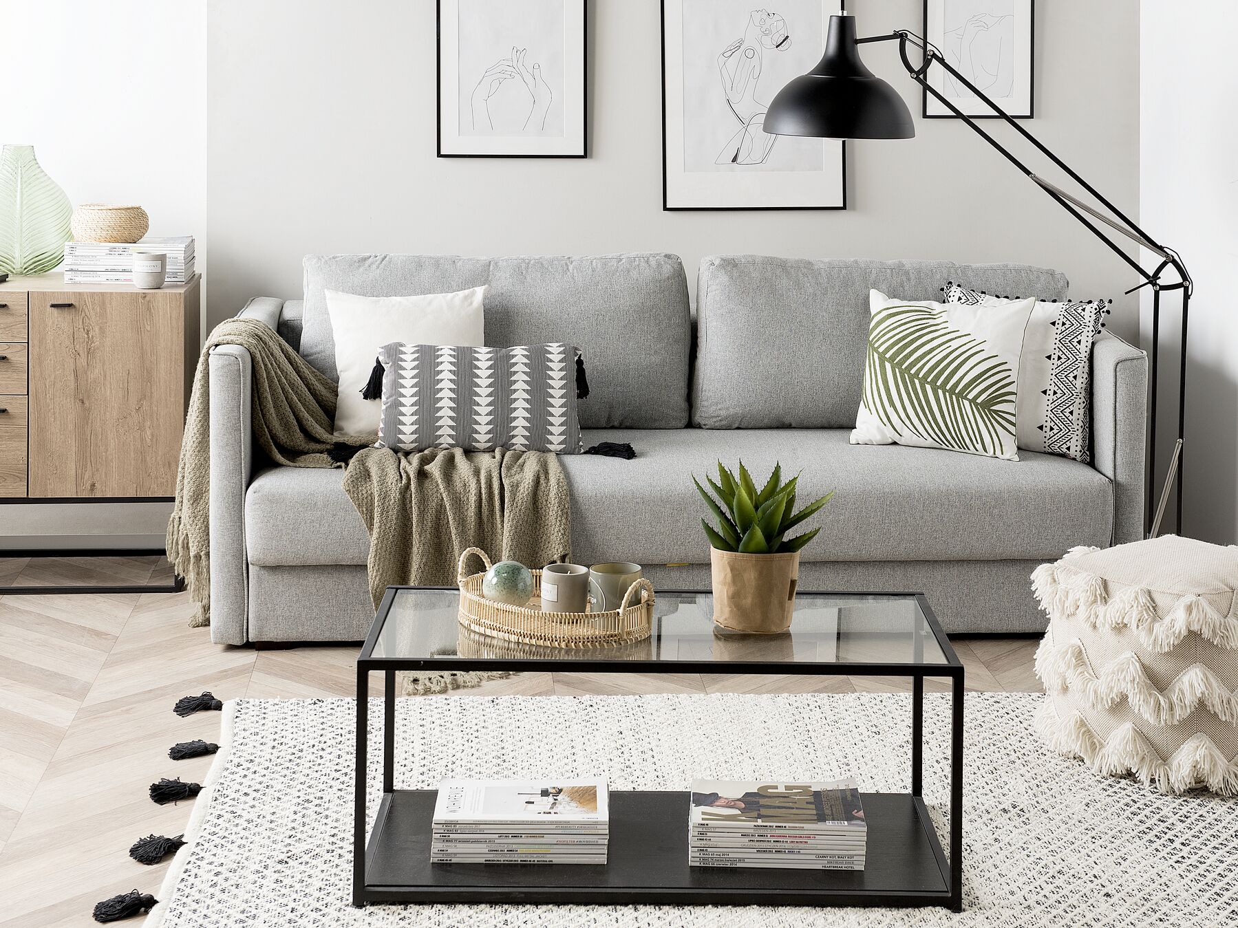 Sofa Bed EKSJO Fabric Light Grey with Storage 3 Seater