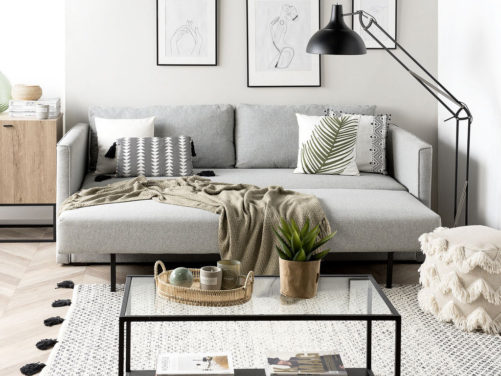 Sofa Bed EKSJO Fabric Light Grey with Storage 3 Seater