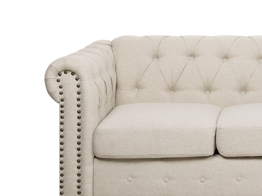 3 Seater Fabric Sofa Nailhead Trim Beige CHESTERFIELD