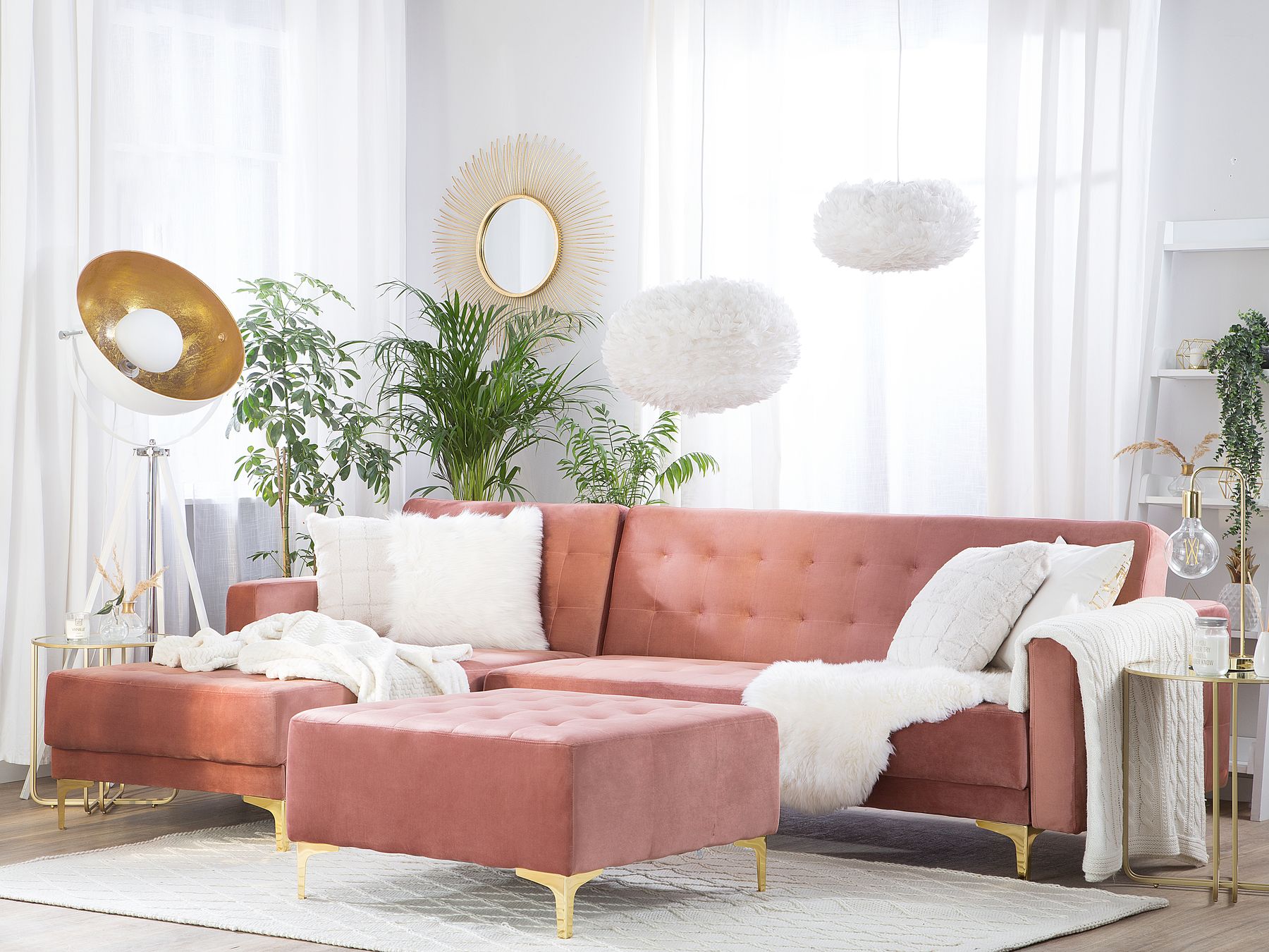 Modular Corner Sofa Bed ABERDEEN Velvet Pink with Ottoman 4 Seater Right Hand