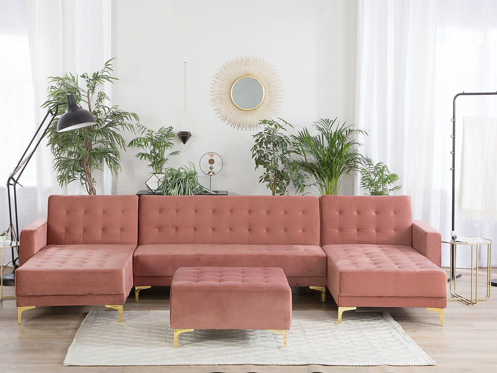 Modular U-Shape Sofa Bed ABERDEEN Velvet Pink with Ottoman 5 Seater