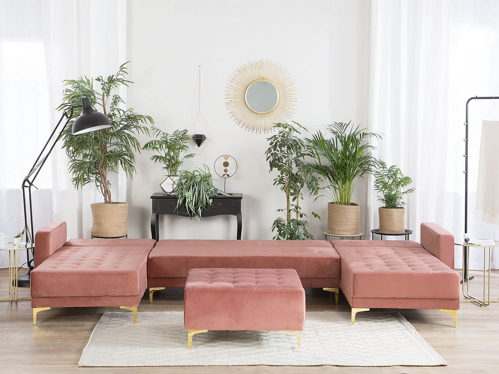 Modular U-Shape Sofa Bed ABERDEEN Velvet Pink with Ottoman 5 Seater