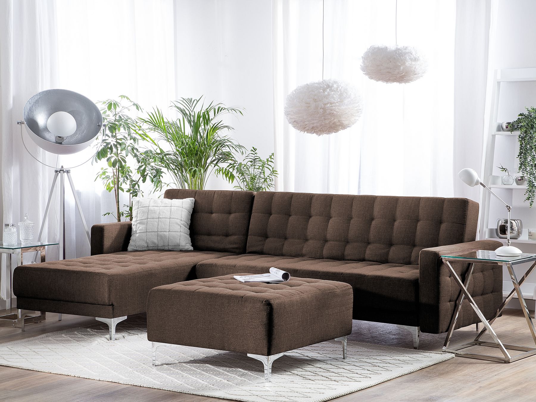 Modular Corner Sofa Bed ABERDEEN Fabric Dark Brown with Ottoman 4 Seater Right Hand