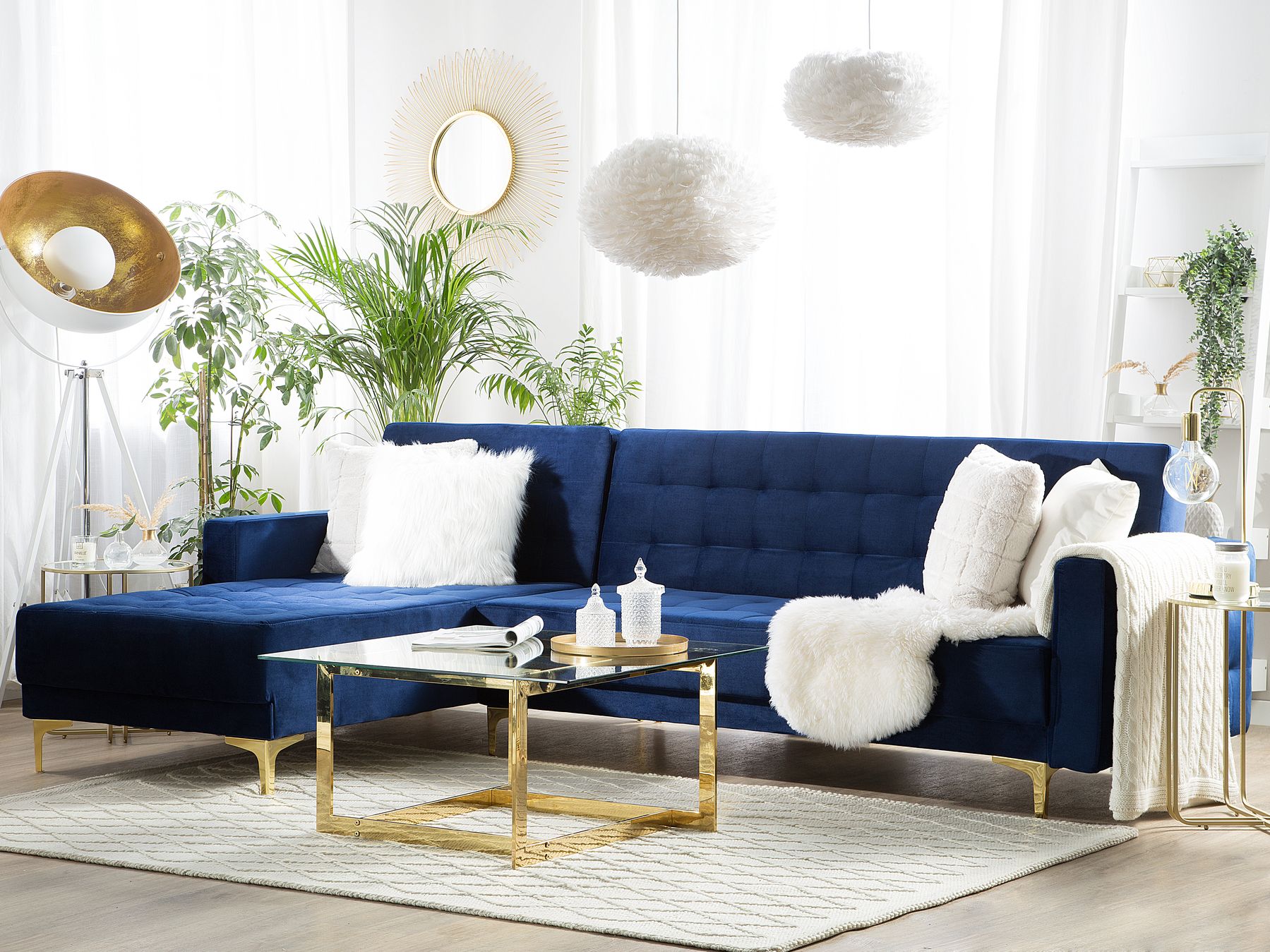 Modular Corner Sofa Bed ABERDEEN Velvet Navy Blue 4 Seater Right Hand