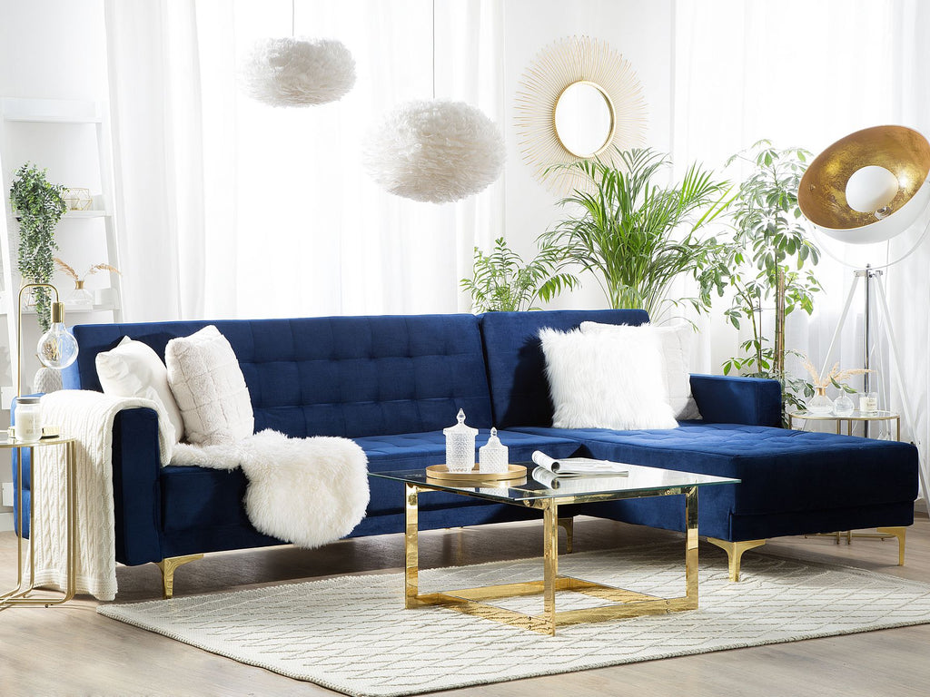Modular Corner Sofa Bed ABERDEEN Velvet Navy Blue 4 Seater Left Hand