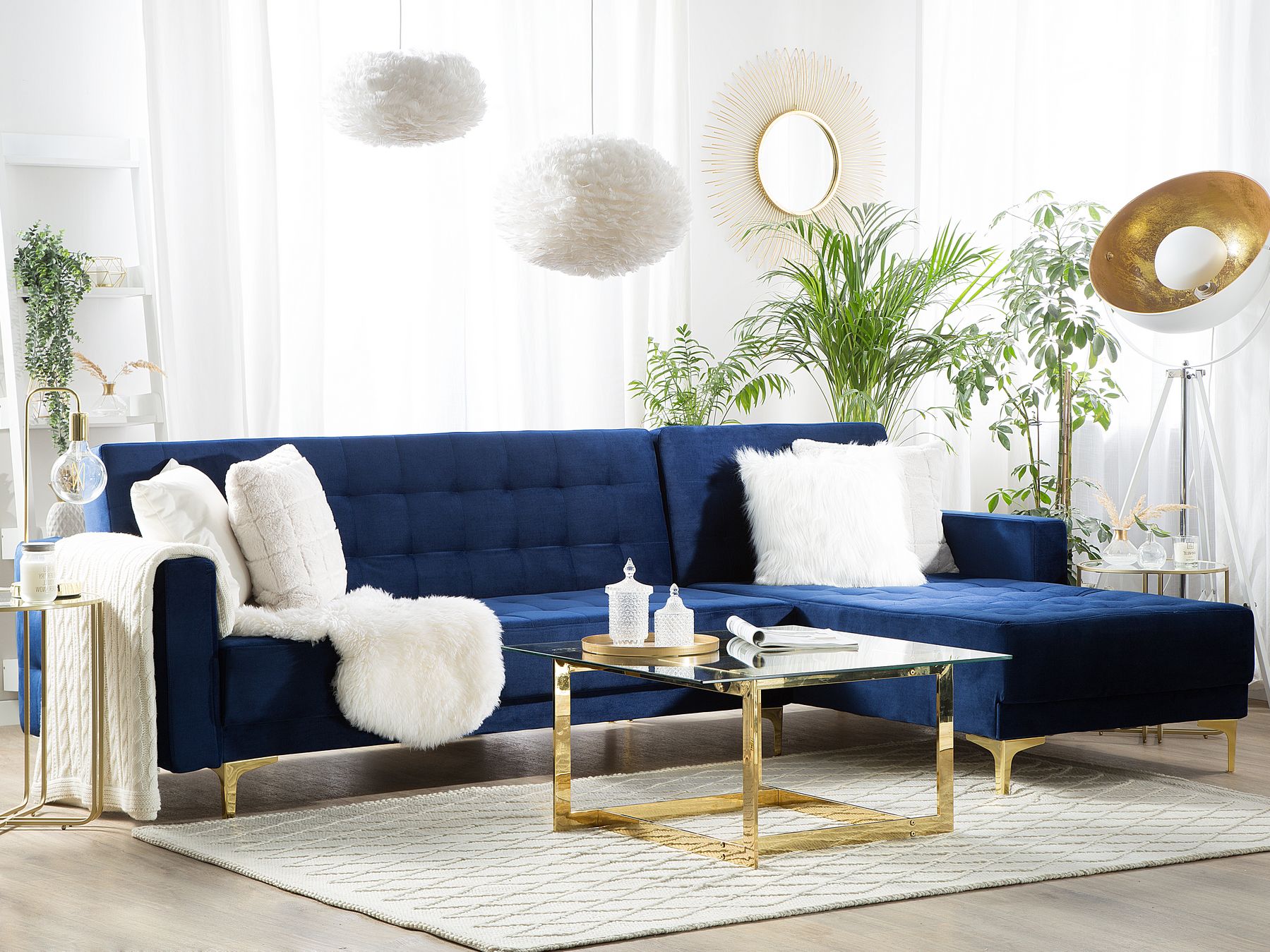 Modular Corner Sofa Bed ABERDEEN Velvet Navy Blue 4 Seater Left Hand