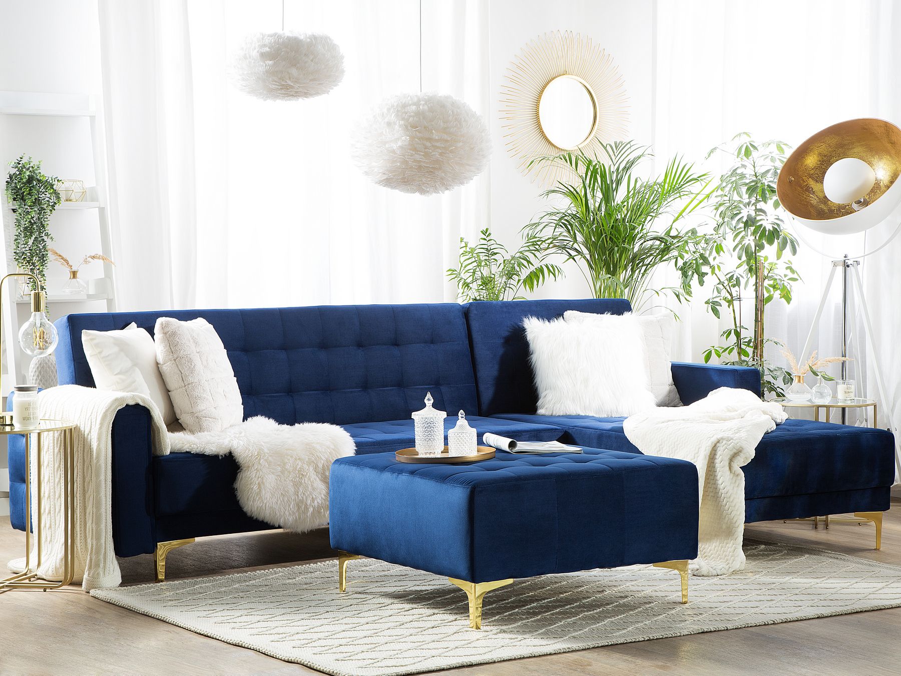 Modular Corner Sofa Bed ABERDEEN Velvet Navy Blue with Ottoman 4 Seater Left Hand