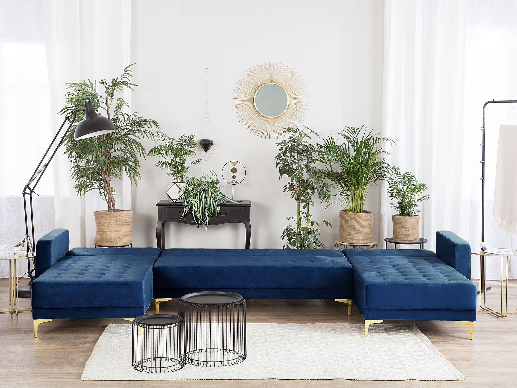Modular U-Shape Sofa Bed ABERDEEN Velvet Navy Blue 5 Seater